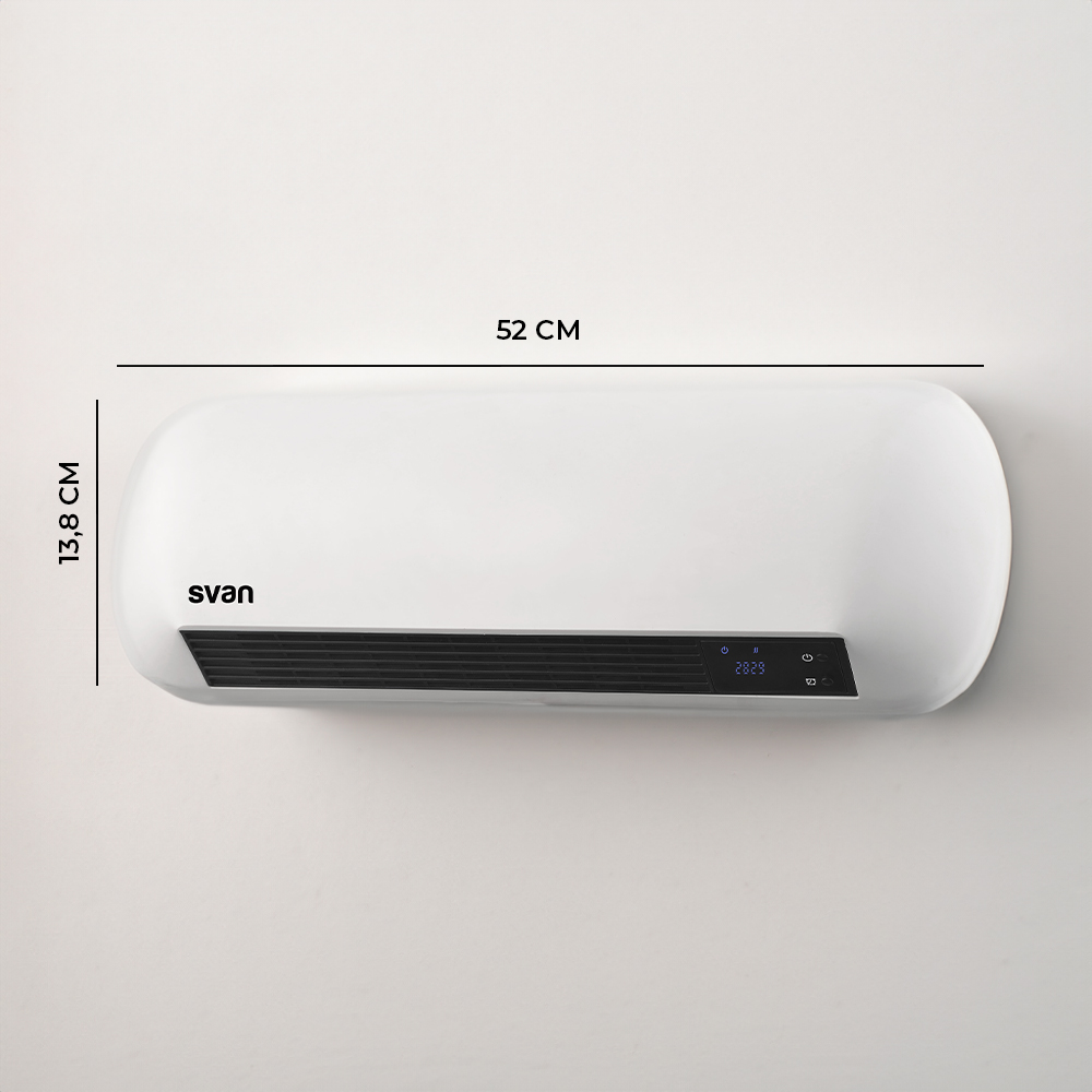 Calentador eléctrico blanco con dimensiones de 52 cm x 13.8 cm. La marca 'svan' es visible.