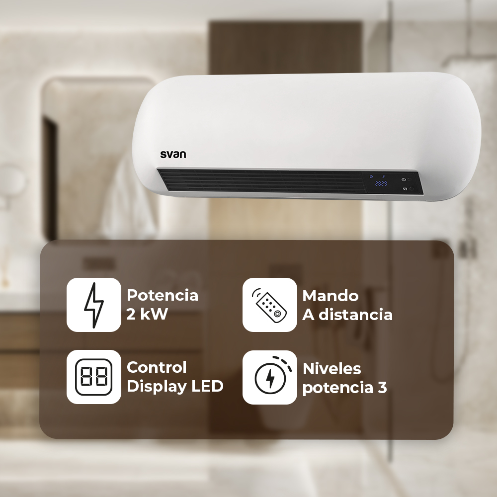 Calentador eléctrico blanco con pantalla digital. 2kW, mando a distancia y 3 niveles de potencia.