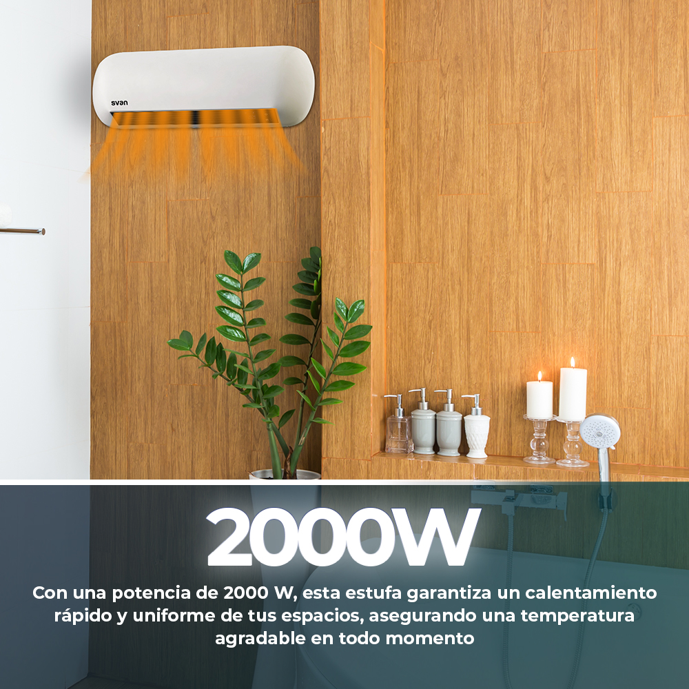 Calentador eléctrico blanco en pared de madera. El aire caliente sopla hacia abajo. Se muestra 2000W.
