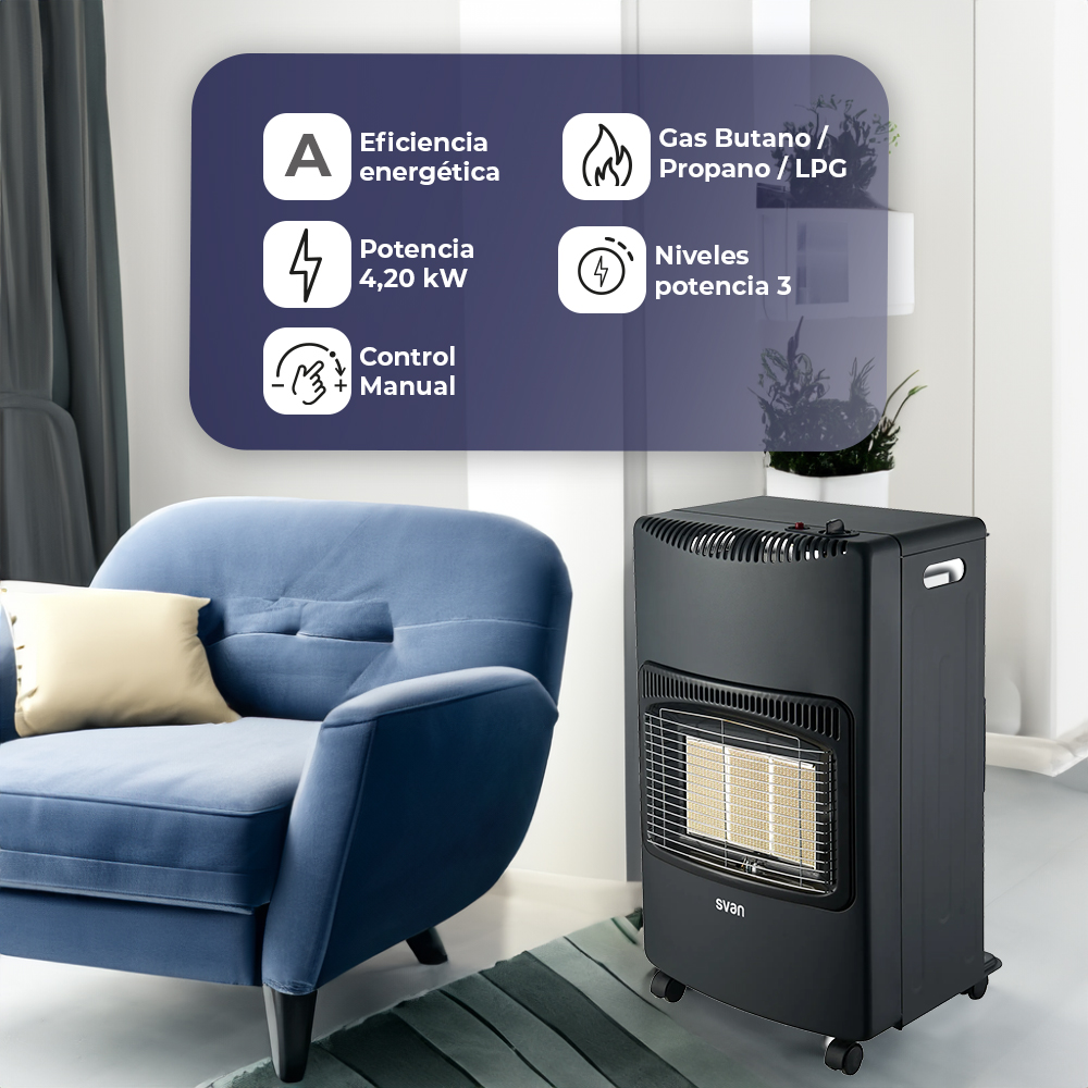 Una habitación con una silla azul y un calefactor negro. Infografías en la esquina superior izquierda.