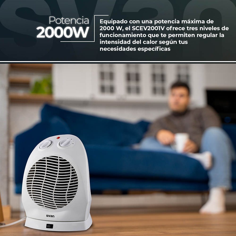 Un calefactor eléctrico blanco en una habitación con un hombre sentado en un sofá azul.