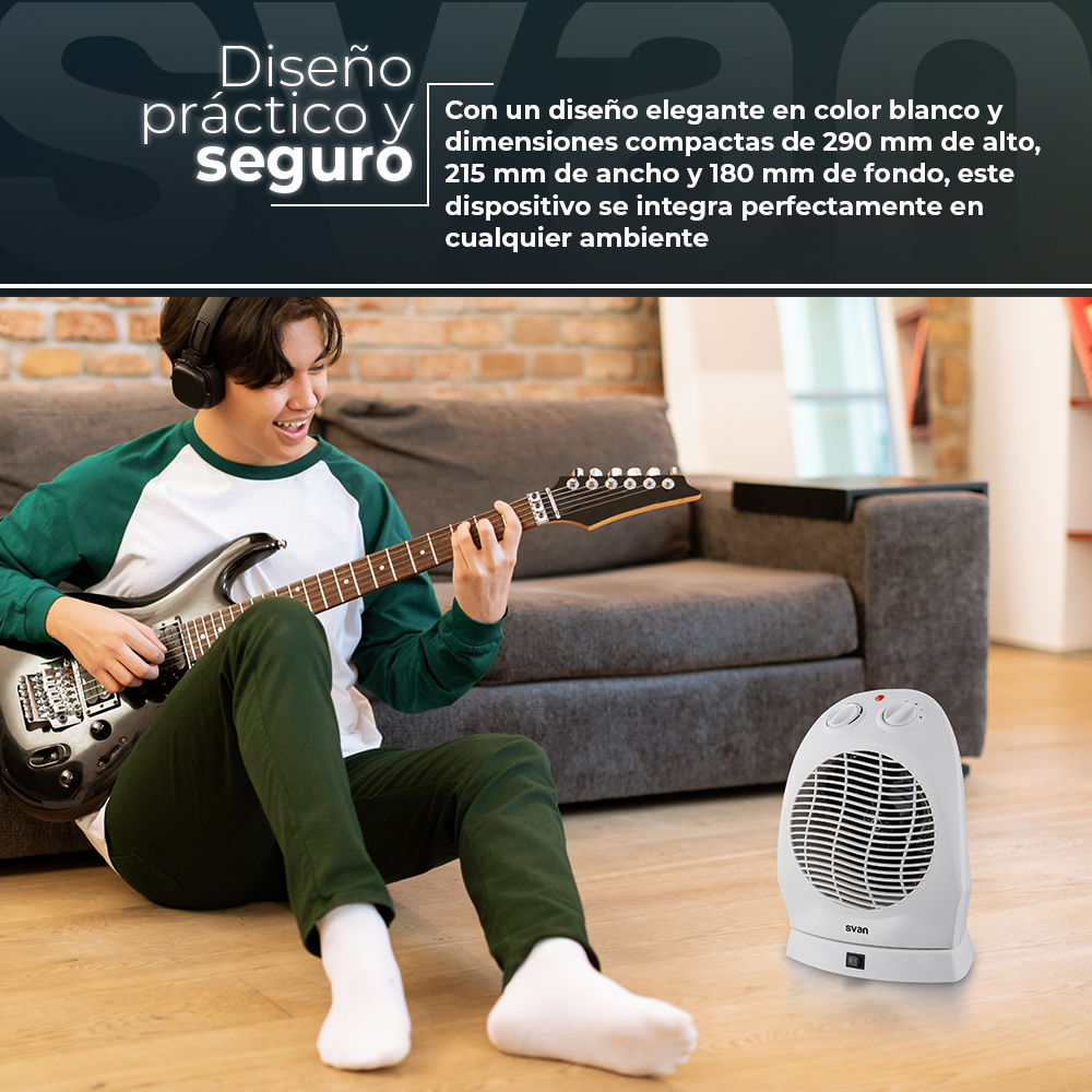 Un joven con auriculares toca la guitarra eléctrica junto a un calefactor blanco.