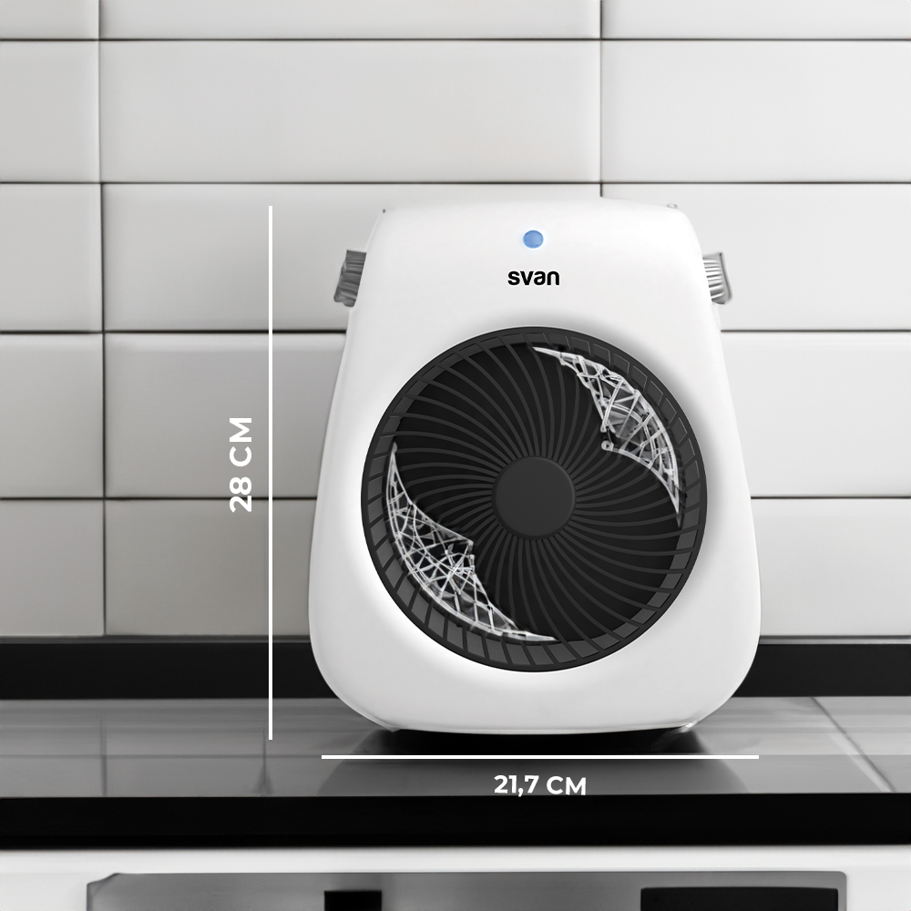 Ventilador portátil blanco con iconos de control y 2kW de potencia. Temperatura ajustable y control manual.