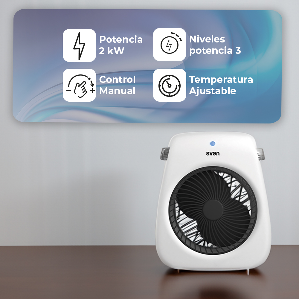 Ventilador portátil blanco en salón. Personas al fondo, ventilador al frente, emitiendo calor.