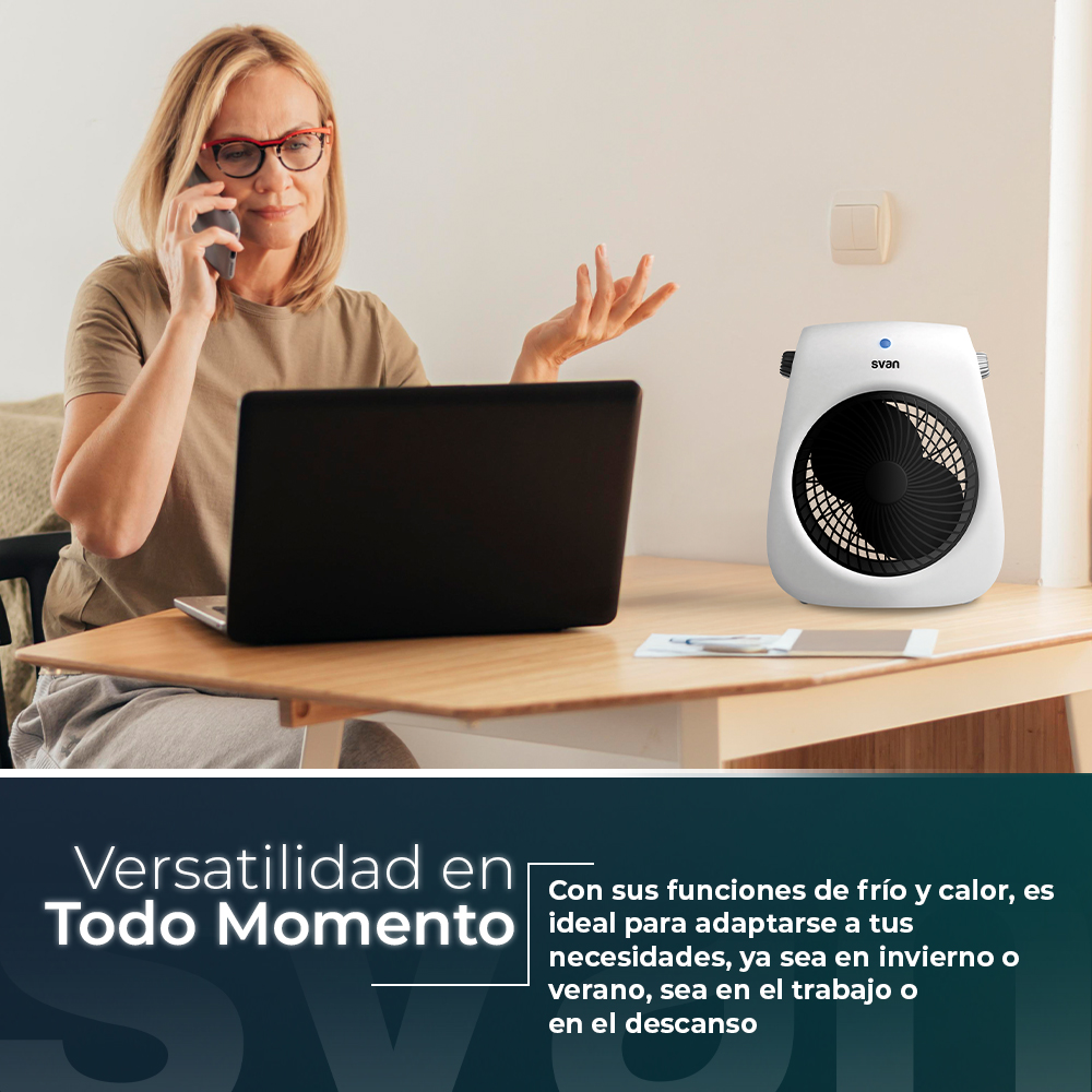 Ventilador portátil blanco con rejilla negra, con 2000W. Promete calentamiento rápido y uniforme.