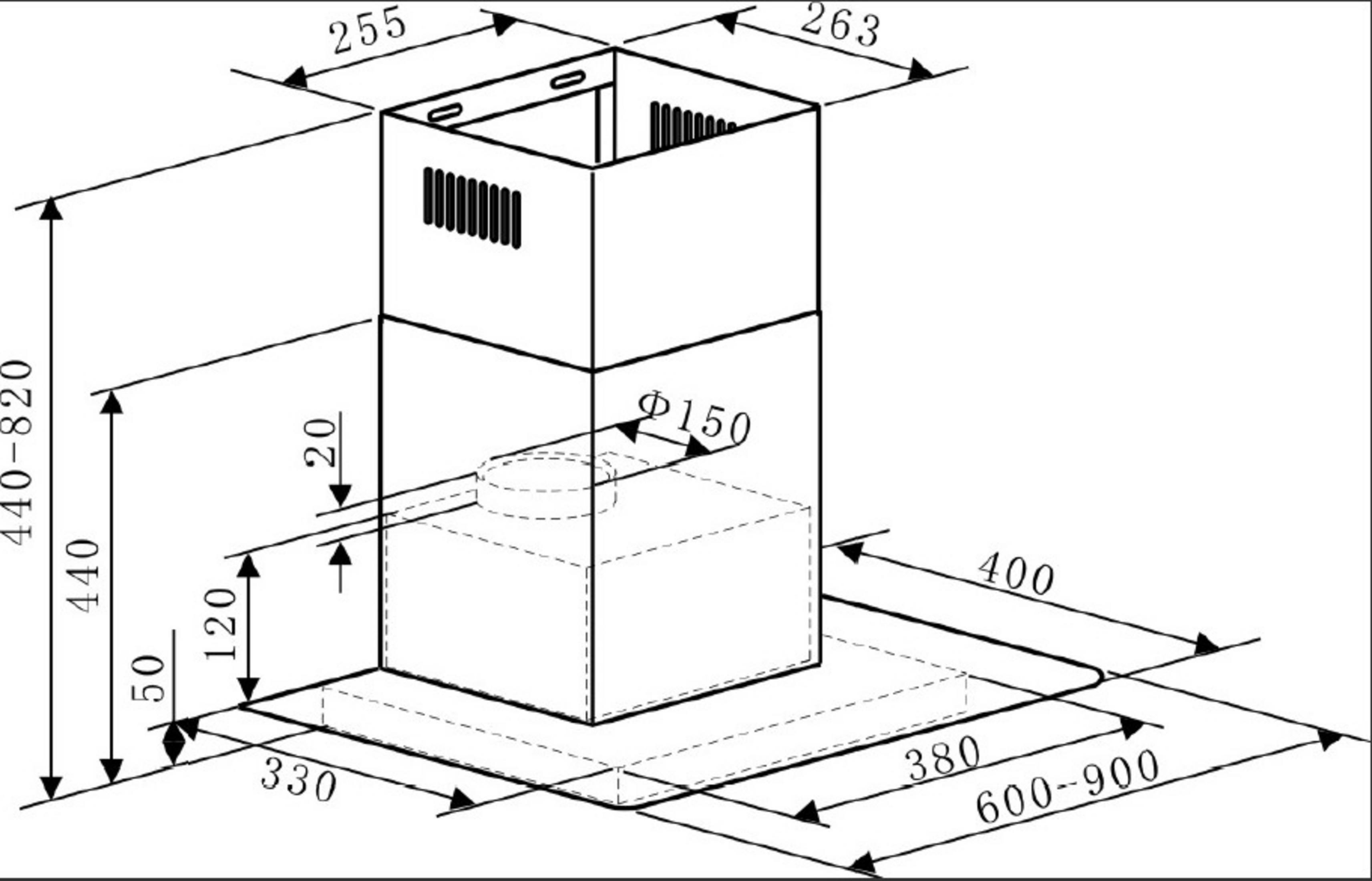 Eine Edelstahl-Dunstabzugshaube, wahrscheinlich in einer Küche, mit modernem und schlankem Design.
