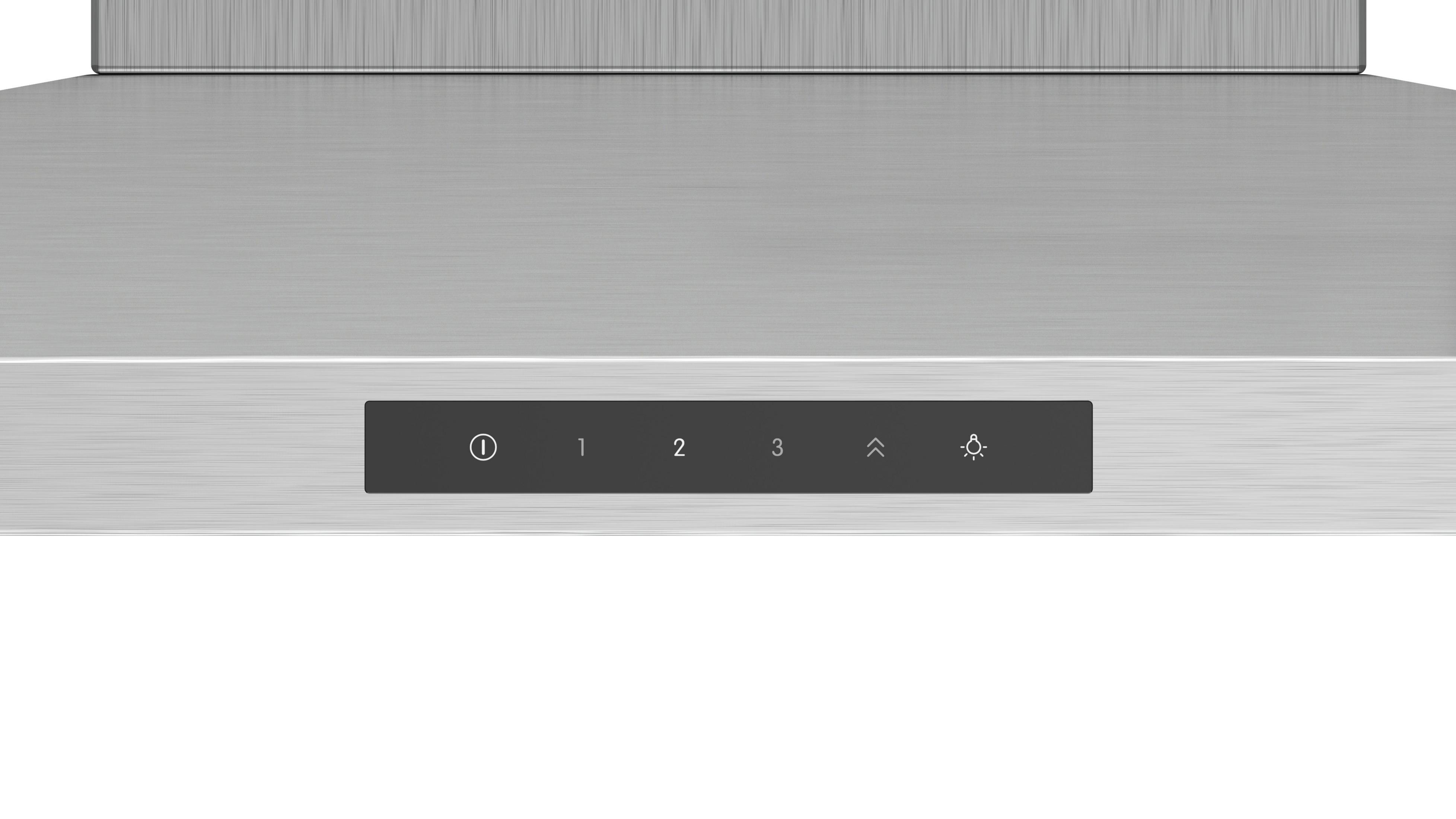 Close-up van een bedieningspaneel van een roestvrijstalen afzuigkap met knoppen voor stroom, ventilatorsnelheden (1-3) en licht.