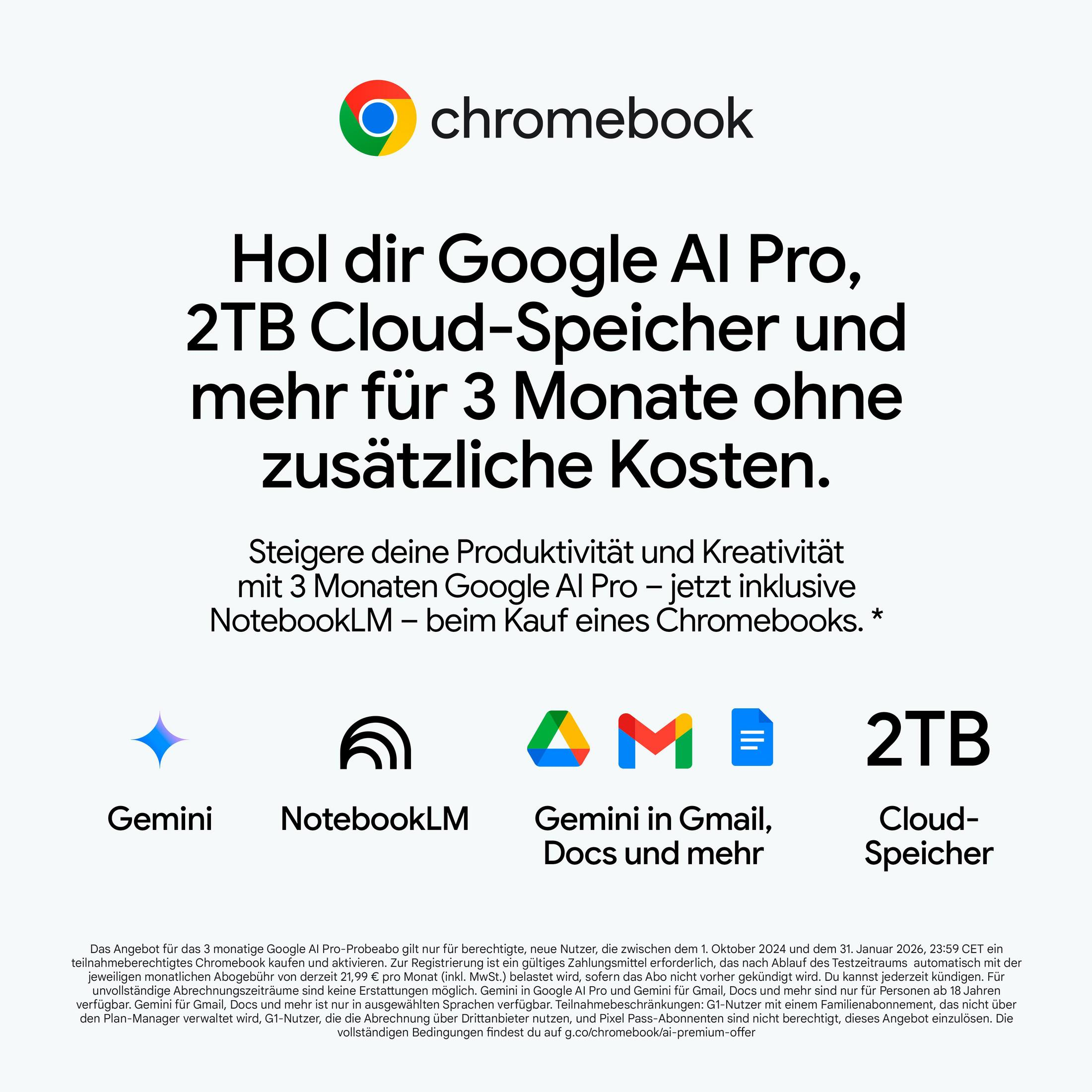 Chromebook-Anzeige mit Logo, Text und Symbolen für Google Al Pro, 2 TB Cloud-Speicher und mehr.