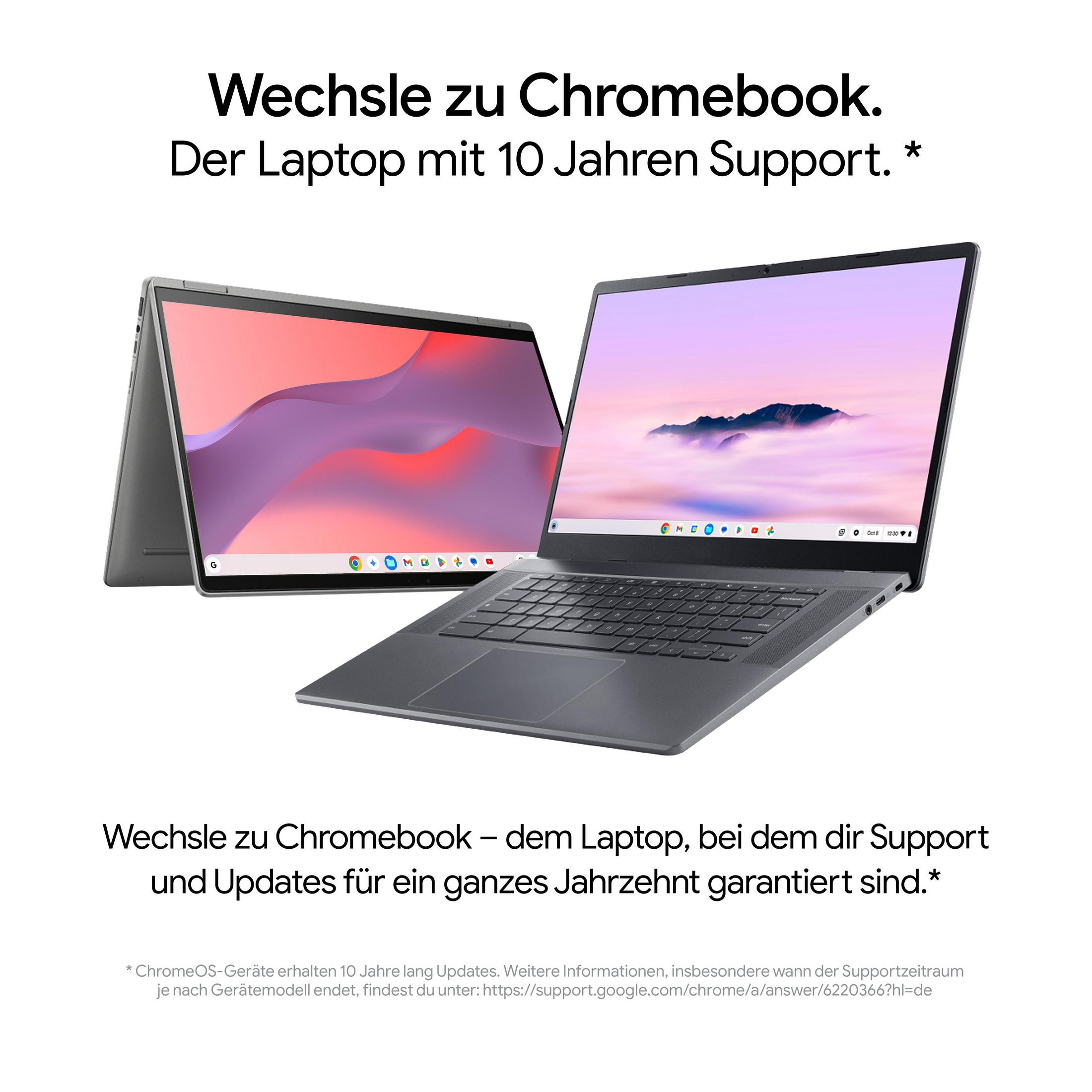 Zwei graue Chromebook-Laptops, einer geöffnet. Text: „Wechseln Sie zu Chromebook. Laptop mit 10 Jahren Support.