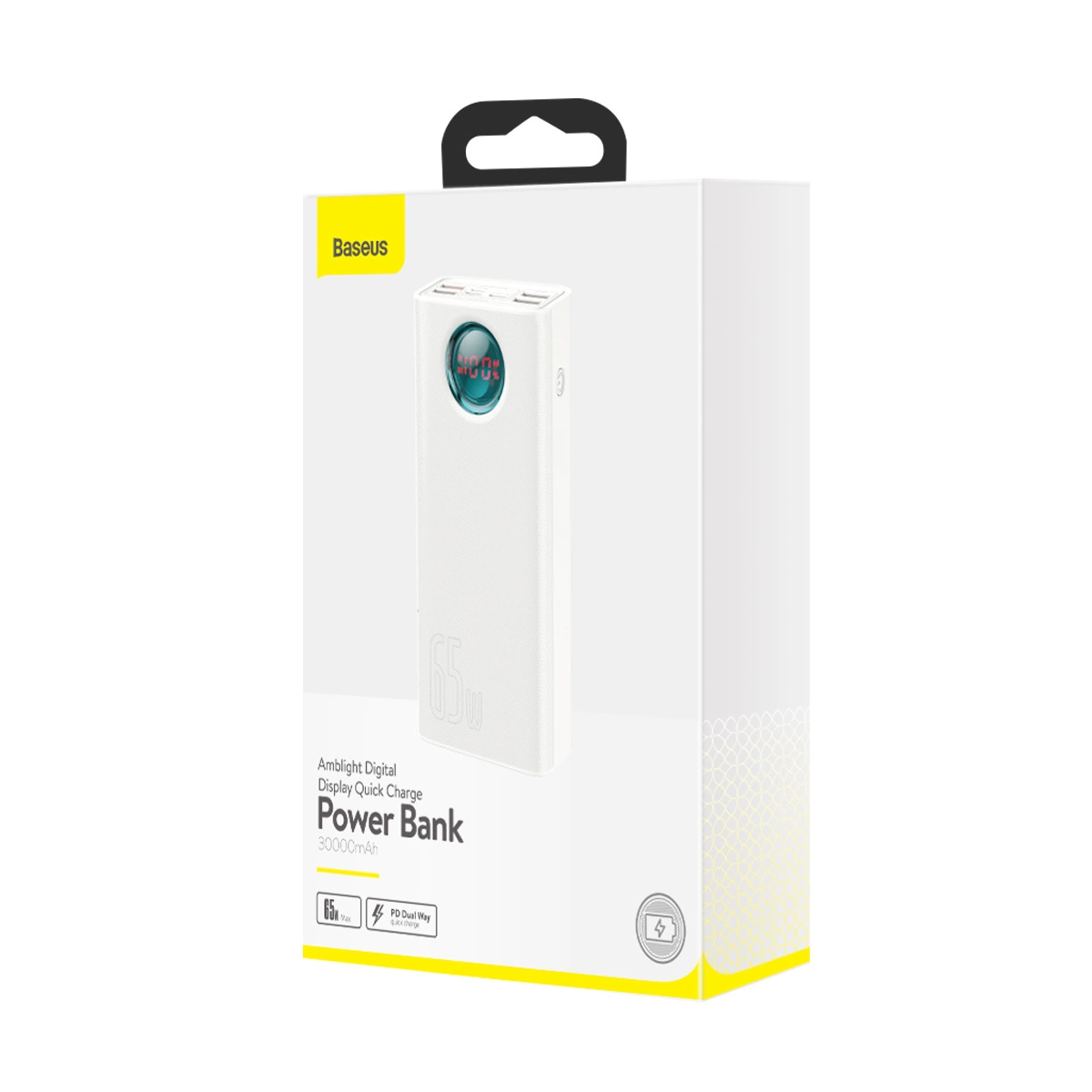 Białe pudełko Baseus Power Bank, prezentujące produkt z cyfrowym ekranem i czarnym uchwytem.