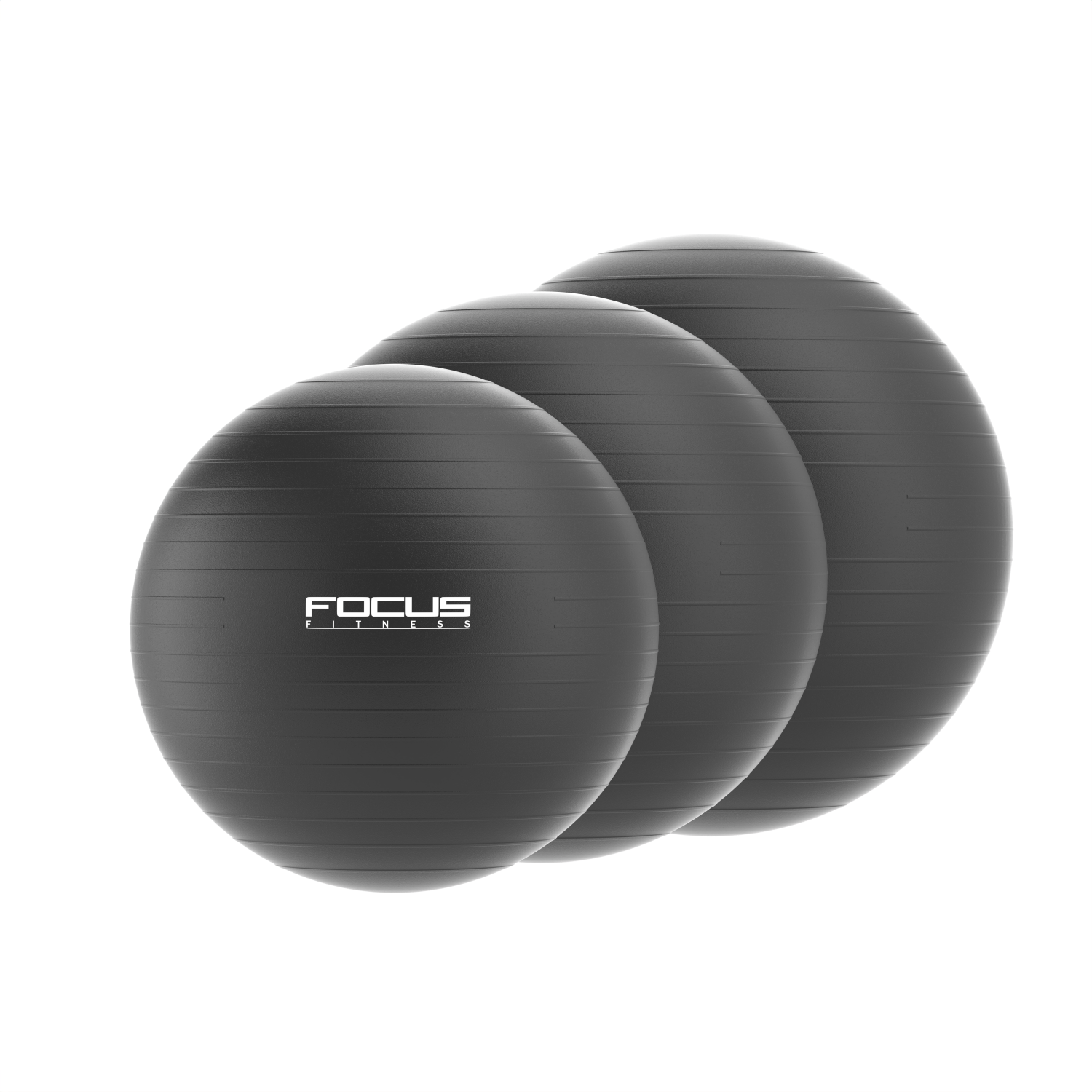 Trois ballons de fitness noirs côte à côte sur fond blanc, avec le nom de la marque au milieu.
