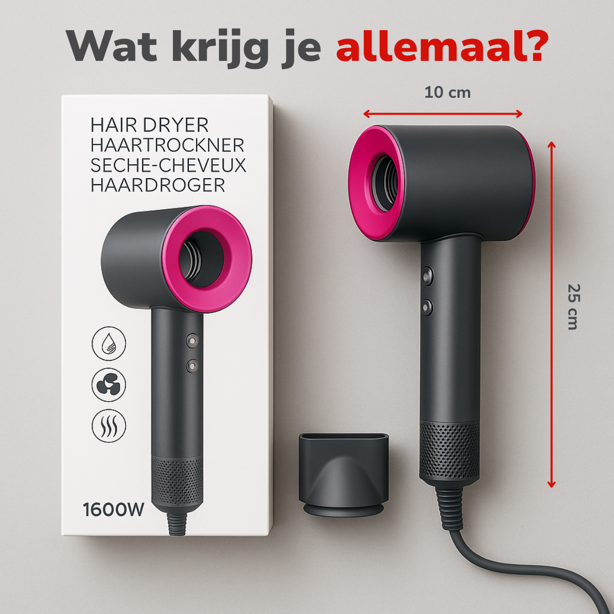 Een doos en een föhn worden getoond. De doos heeft de afbeelding van de föhn en afmetingen.