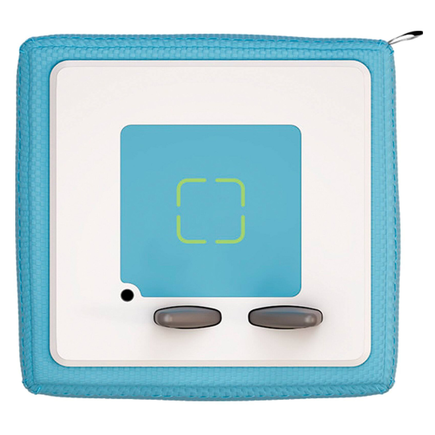 Un juguete azul en forma de cubo con una parte delantera cuadrada blanca. Dos botones grises y una luz.