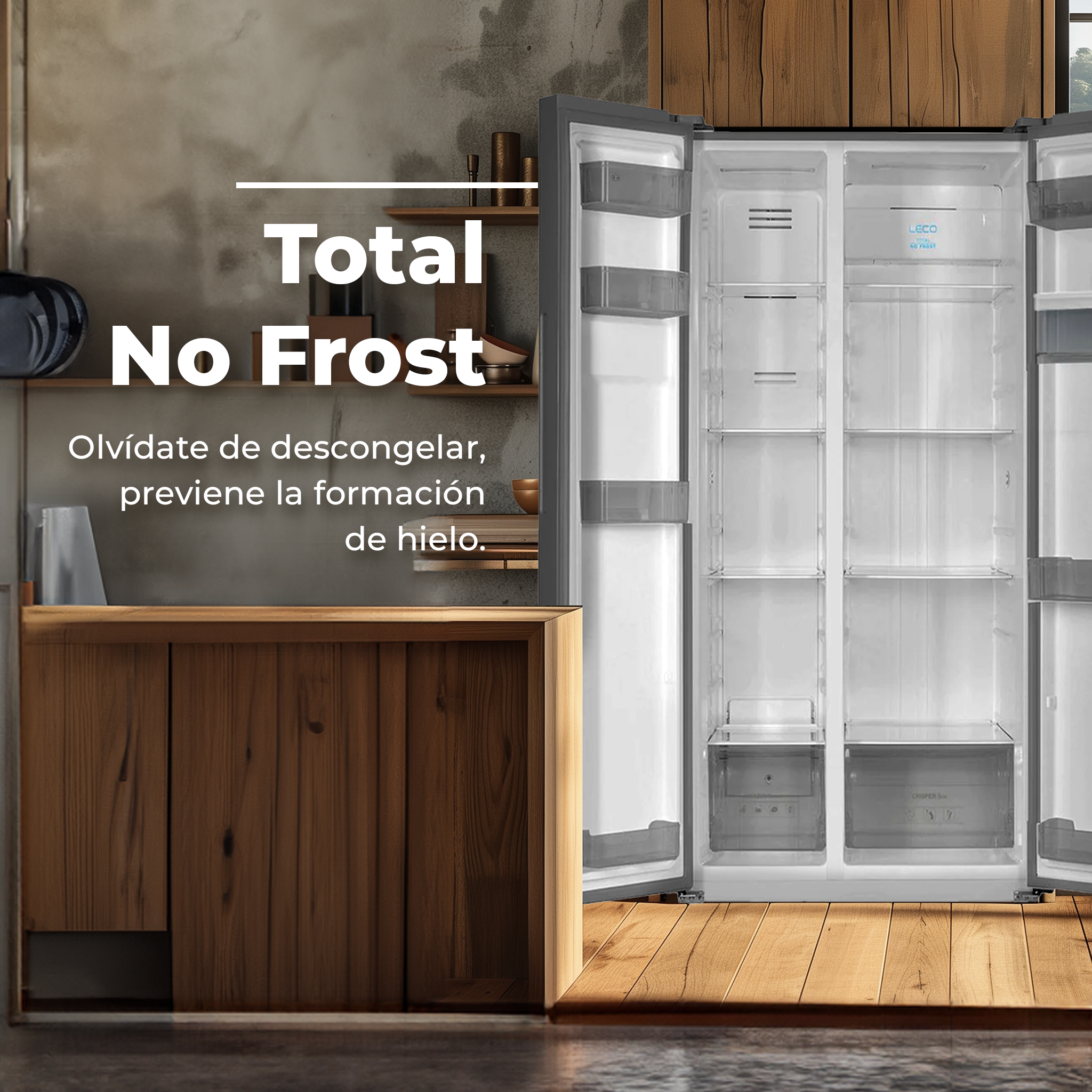 Refrigerador abierto. Superposición de texto: Total No Frost. Gabinete y suelo de madera.