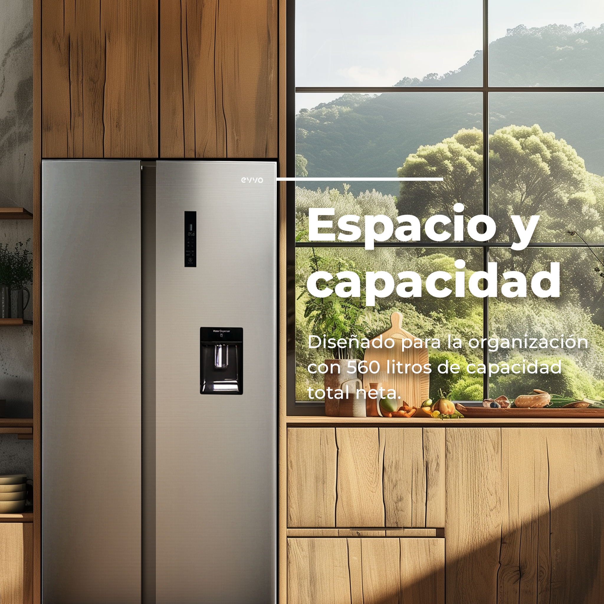Refrigerador en cocina. Superposición de texto: Espacio y capacidad. Ventana y mueble de madera.