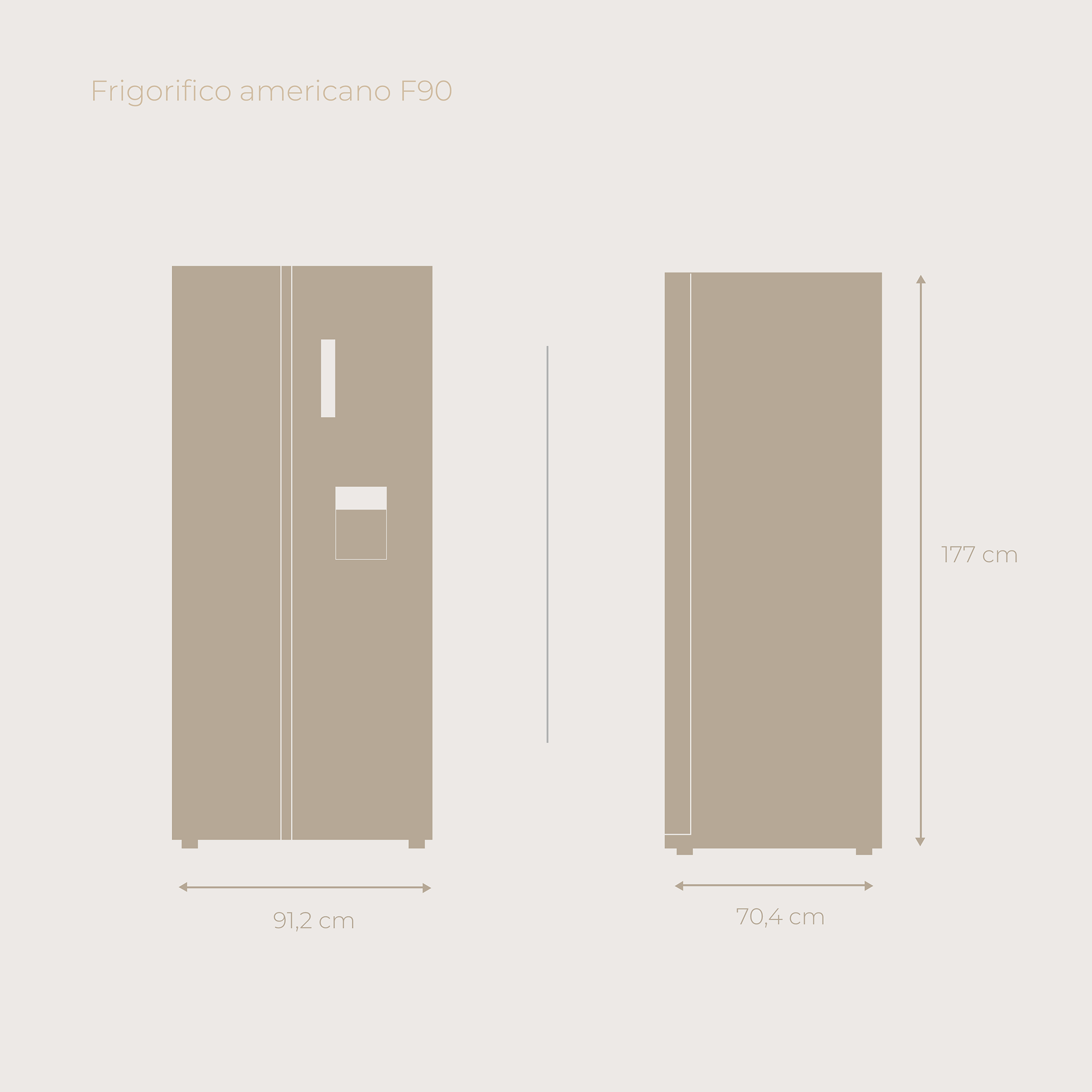 Diagrama de un refrigerador lado a lado. Muestra dimensiones en cm. Fondo gris.