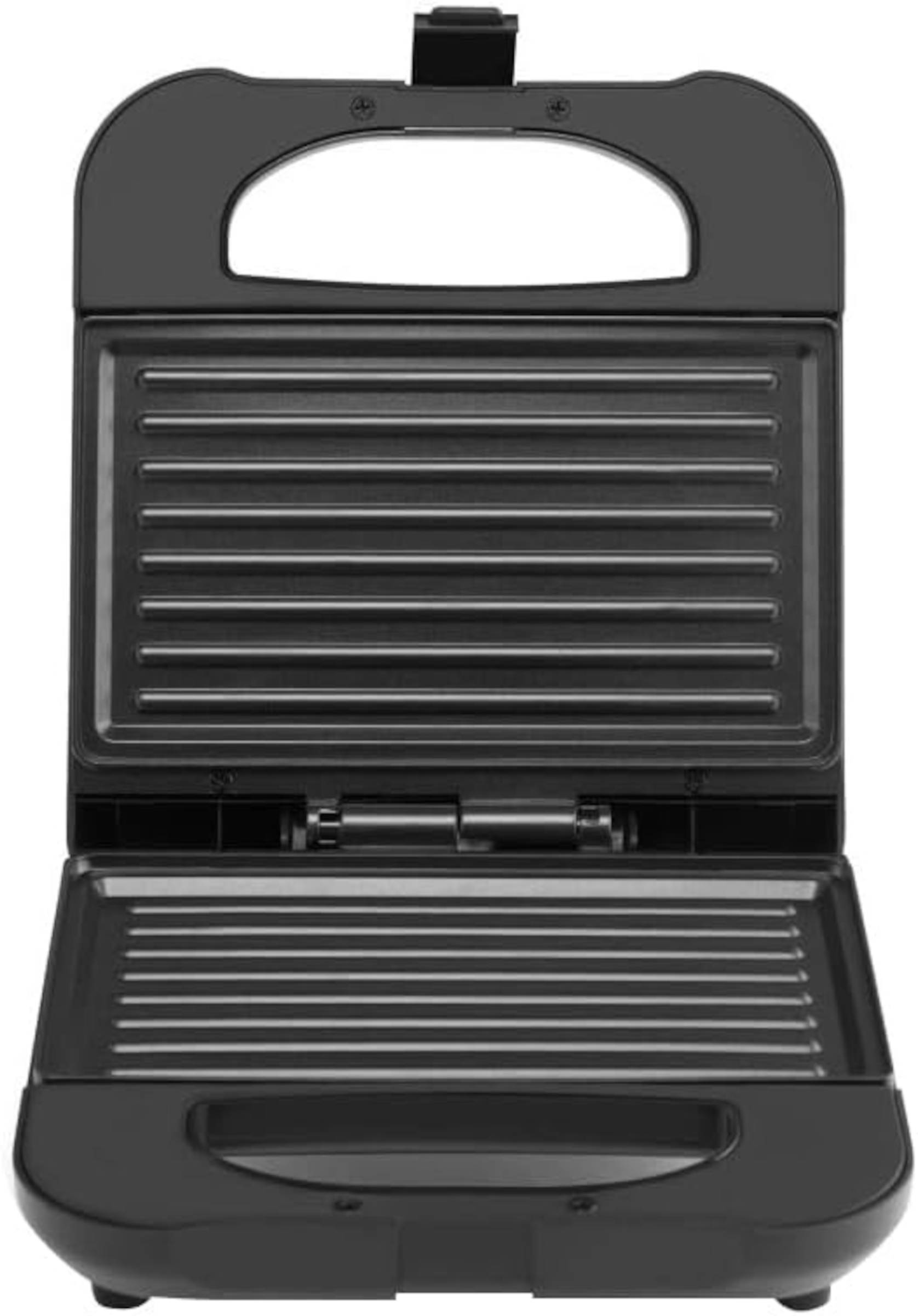 Schwarzer offener Sandwichmaker. Obere und untere Platten sichtbar. Schwarzer Griff. Weißer Hintergrund.