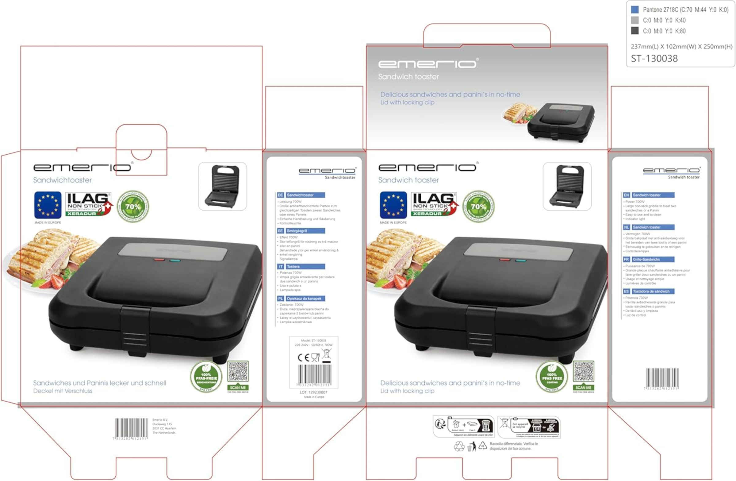 Karton für einen schwarzen Emerio-Sandwich-Toaster. Text in mehreren Sprachen. Der Toaster ist im Karton.