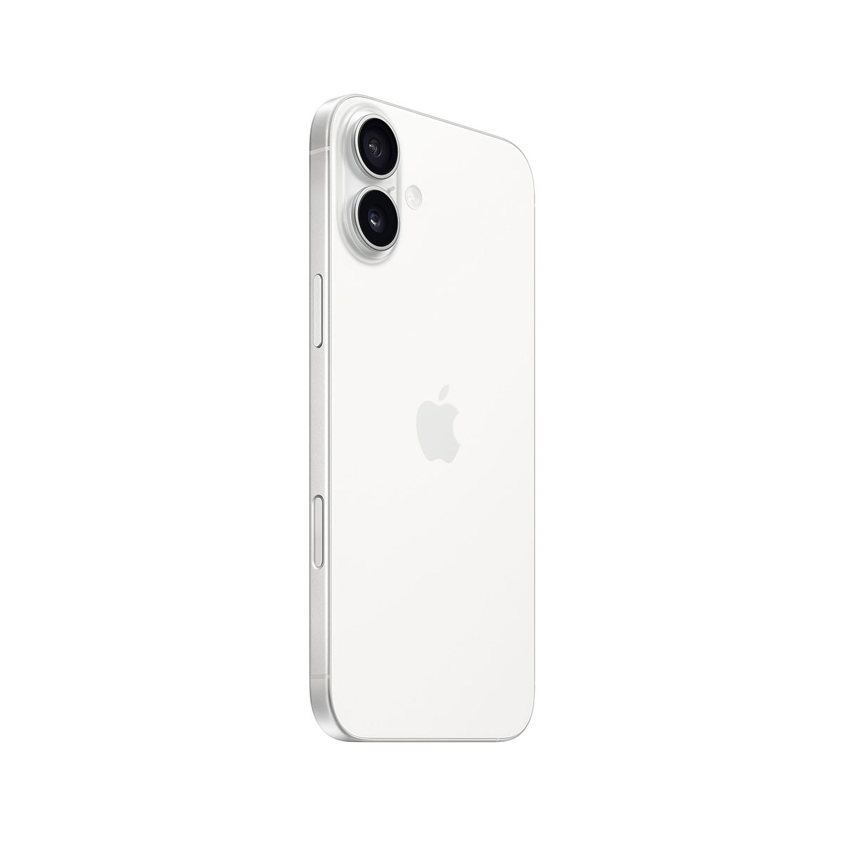 iPhone 12 blanco, vista trasera. Dos lentes de cámara y el logotipo de Apple son visibles.