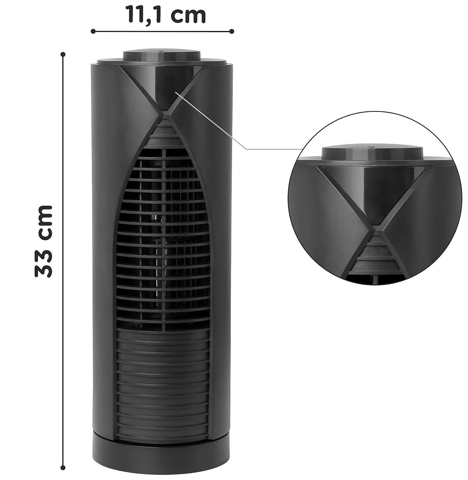 Ein schwarzer Turmventilator mit den Maßen 33 cm Höhe und 11,1 cm Breite. Eine Detailansicht wird gezeigt.