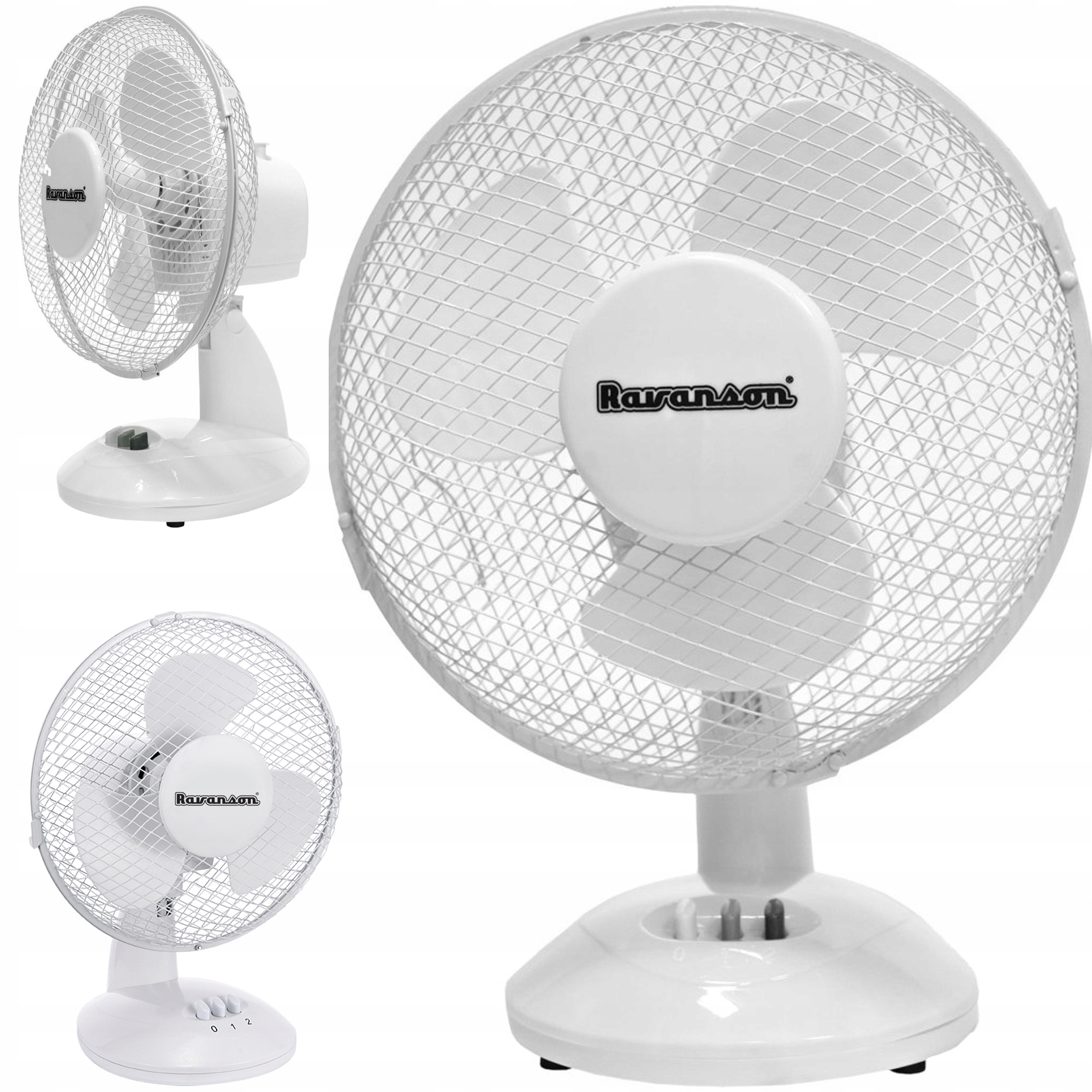 Trzy białe wentylatory biurkowe. Ten po lewej ma markę Ravanon. Mają trzy prędkości.
