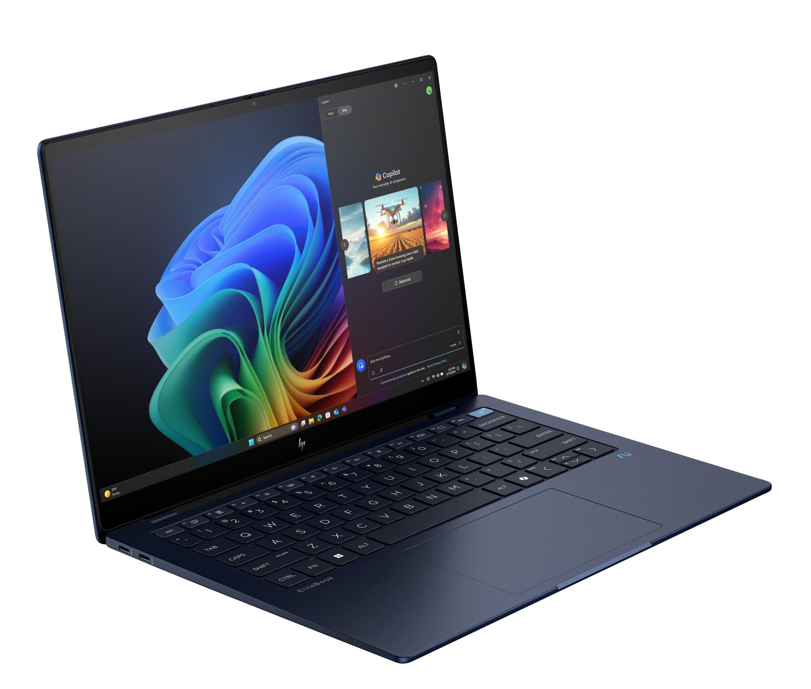 Blauer Laptop offen, zeigt einen bunten Bildschirm mit Tastatur. Weißer Hintergrund.