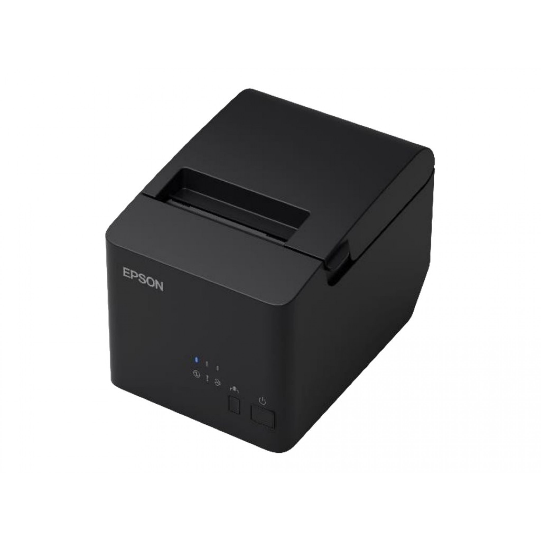 Stampante Epson nera su sfondo bianco, vista angolata, pulsanti e logo visibili.