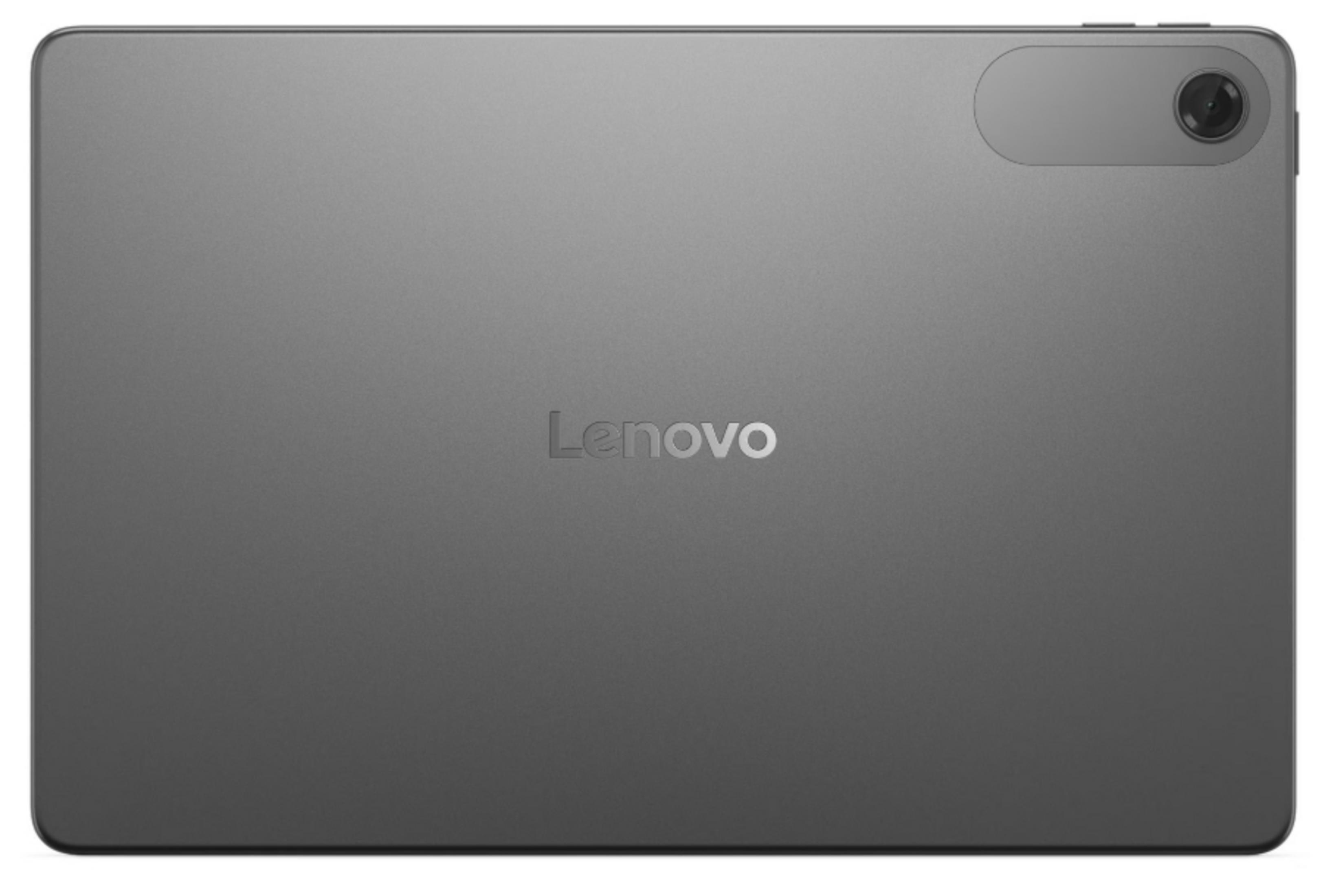 Szary tył tabletu Lenovo z logo Lenovo pośrodku i modułem kamery u góry.