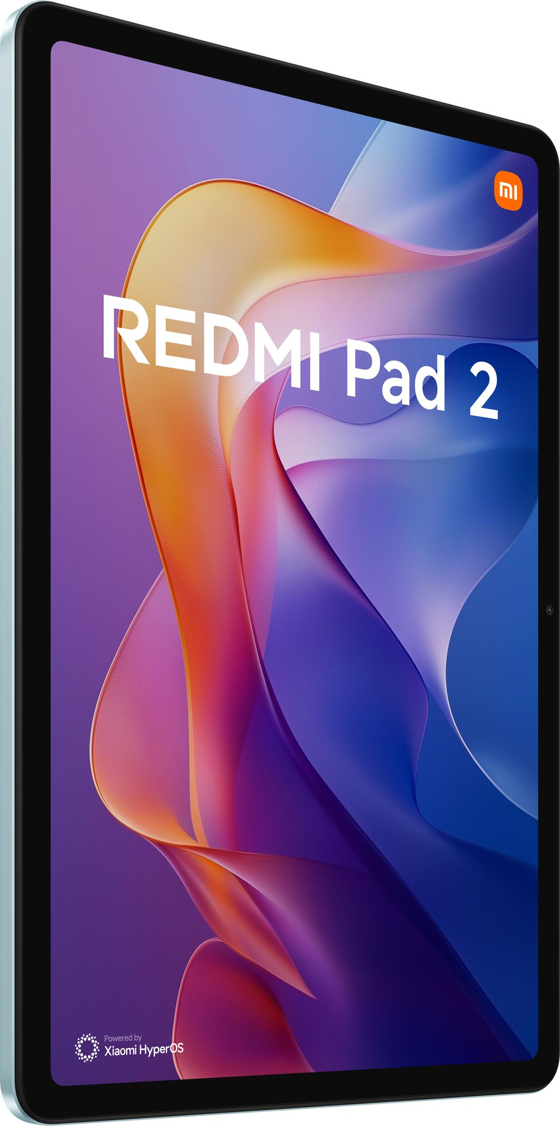 Tablette Redmi Pad 2 avec fond orange et violet.