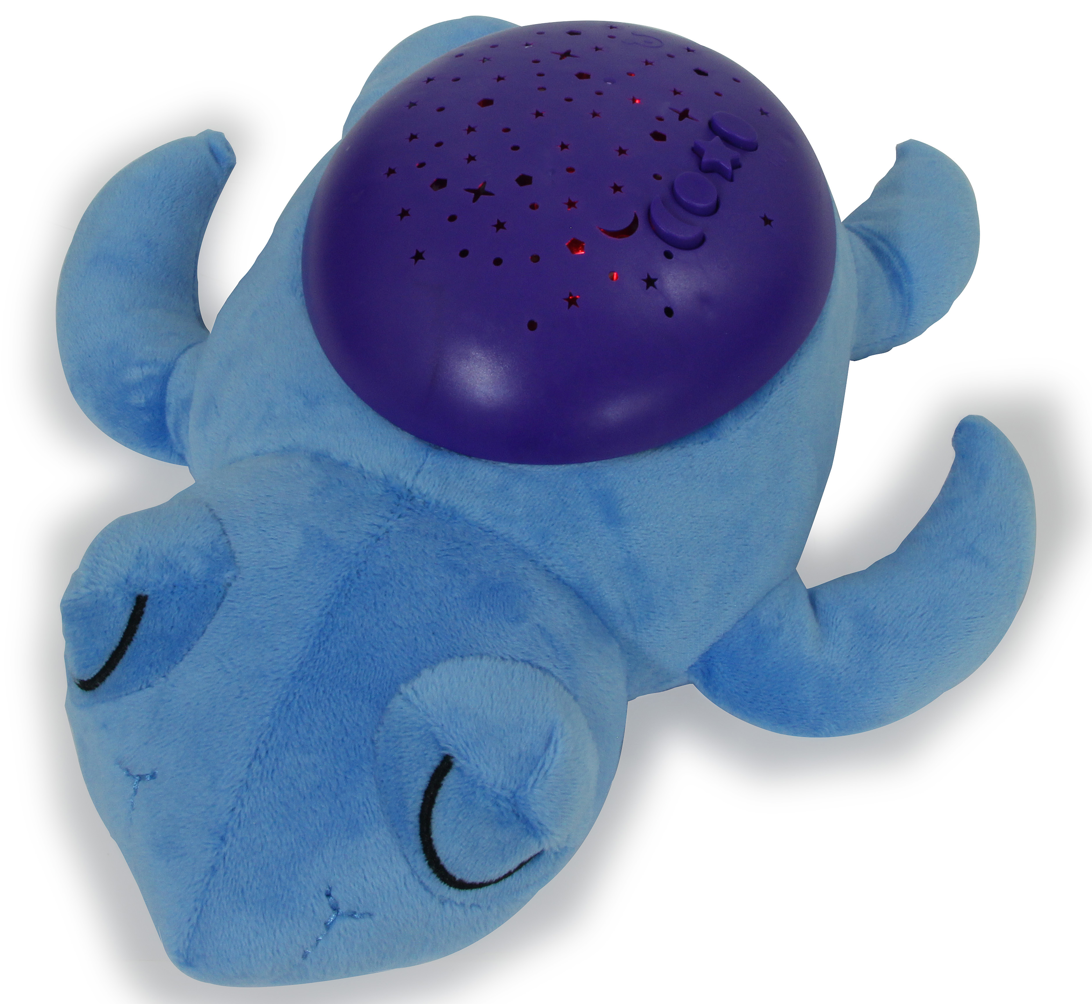 Ein blaues Plüsch-Oktopus-Spielzeug mit lila Kopf mit sternförmigen Aussparungen, auf weißem Hintergrund.