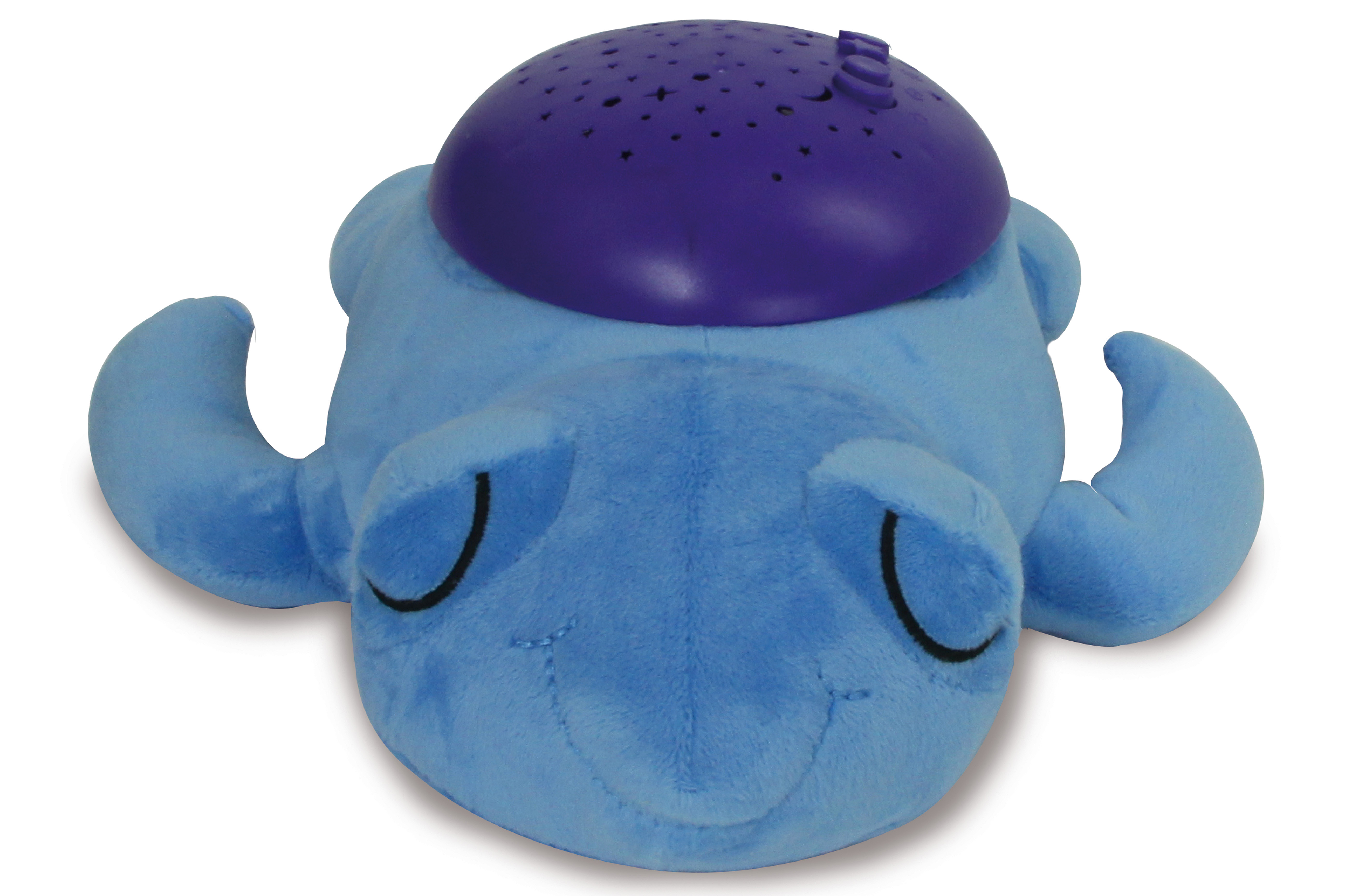 Ein blaues Plüsch-Oktopus-Spielzeug mit lila Kopf und sternförmigen Aussparungen auf weißem Untergrund.