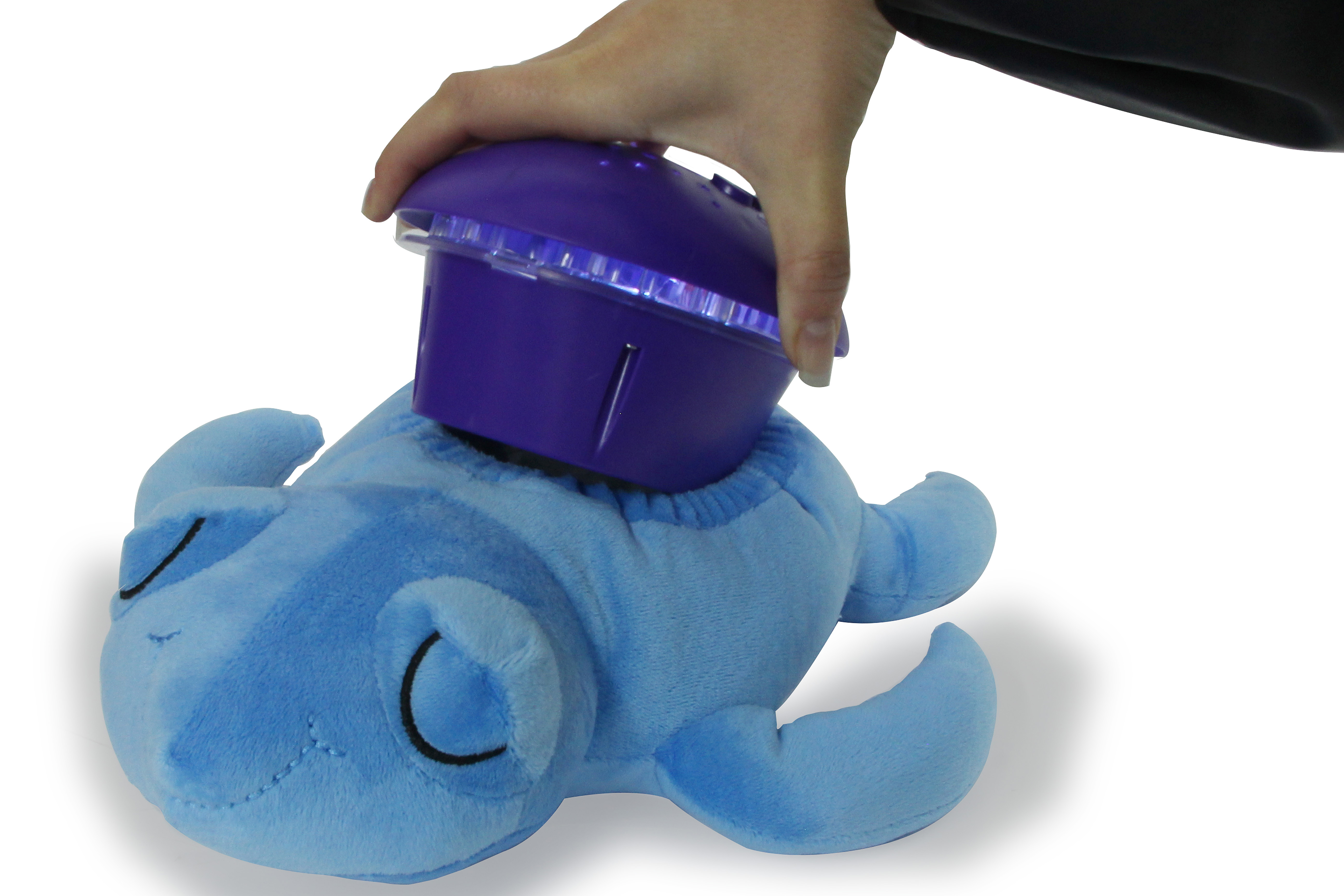 Eine Hand legt einen lila Projektor auf ein blaues Plüschtier. Das Spielzeug hat die Form einer schlafenden Schildkröte.