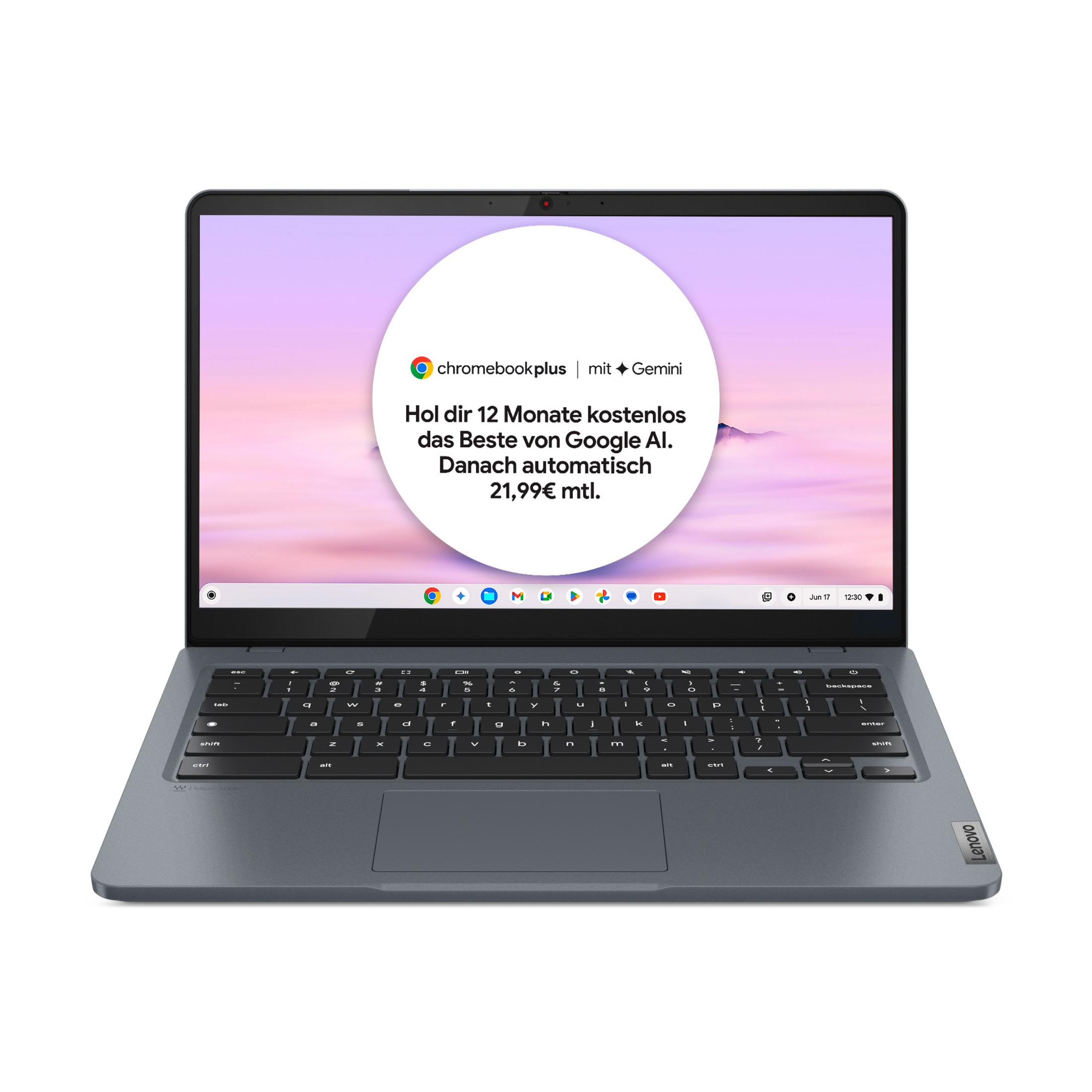 Ein silberner Laptop, geöffnet. Der Bildschirm zeigt Text auf Deutsch über Google AI und Google Gemini.
