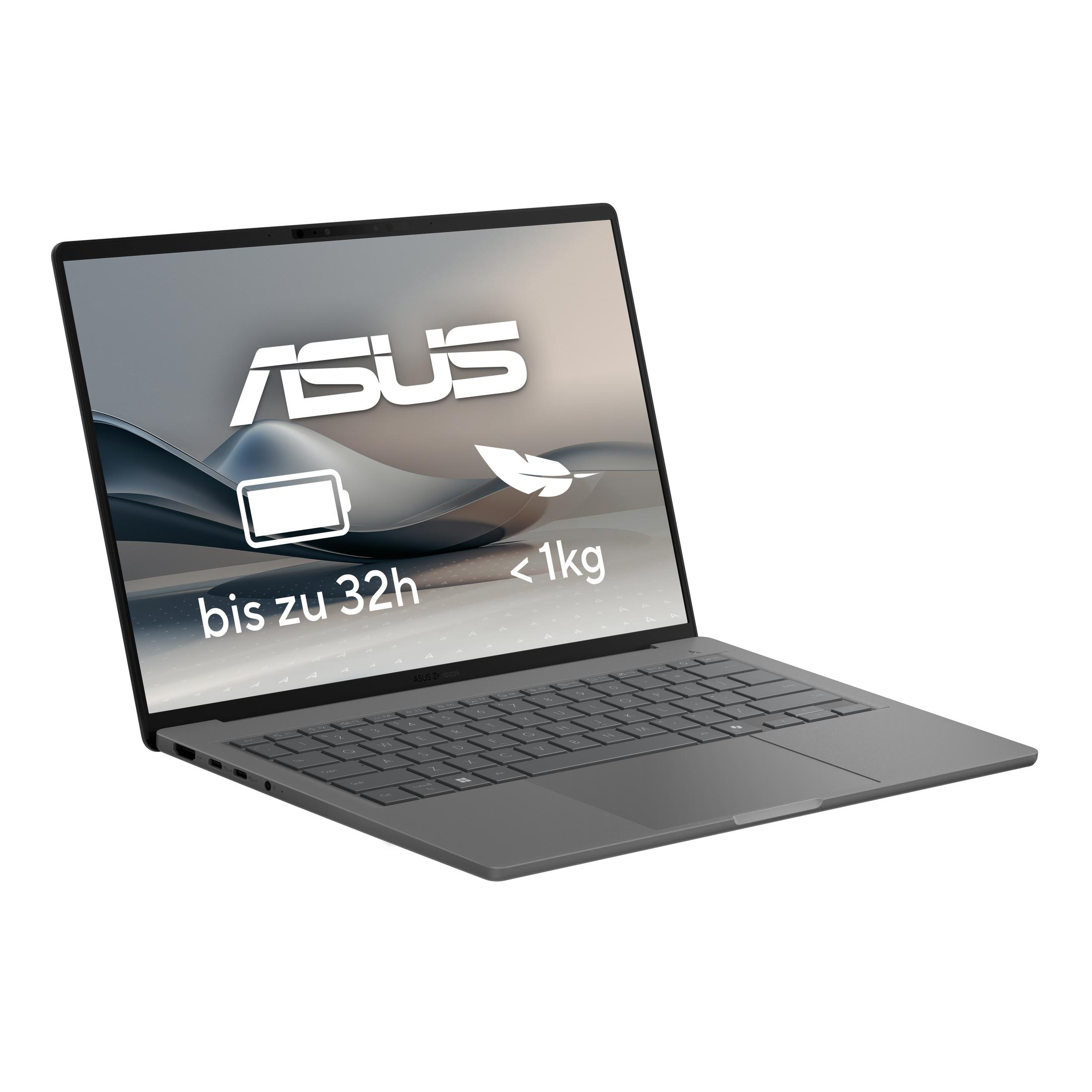 Grauer ASUS-Laptop auf weißem Hintergrund, mit einem Batteriesymbol und Text.