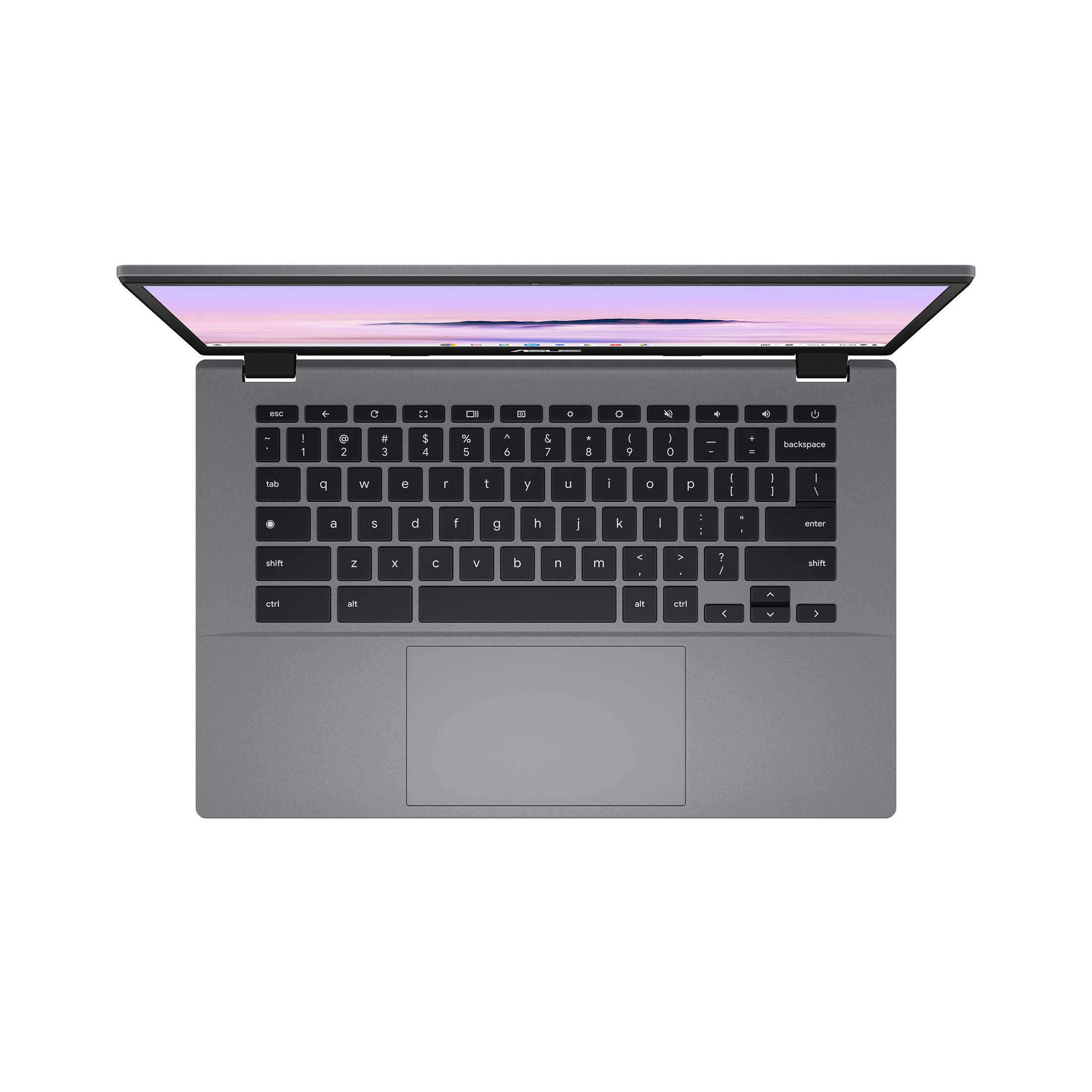 Draufsicht auf einen grauen ASUS-Laptop mit Tastatur und Trackpad auf weißer Oberfläche.
