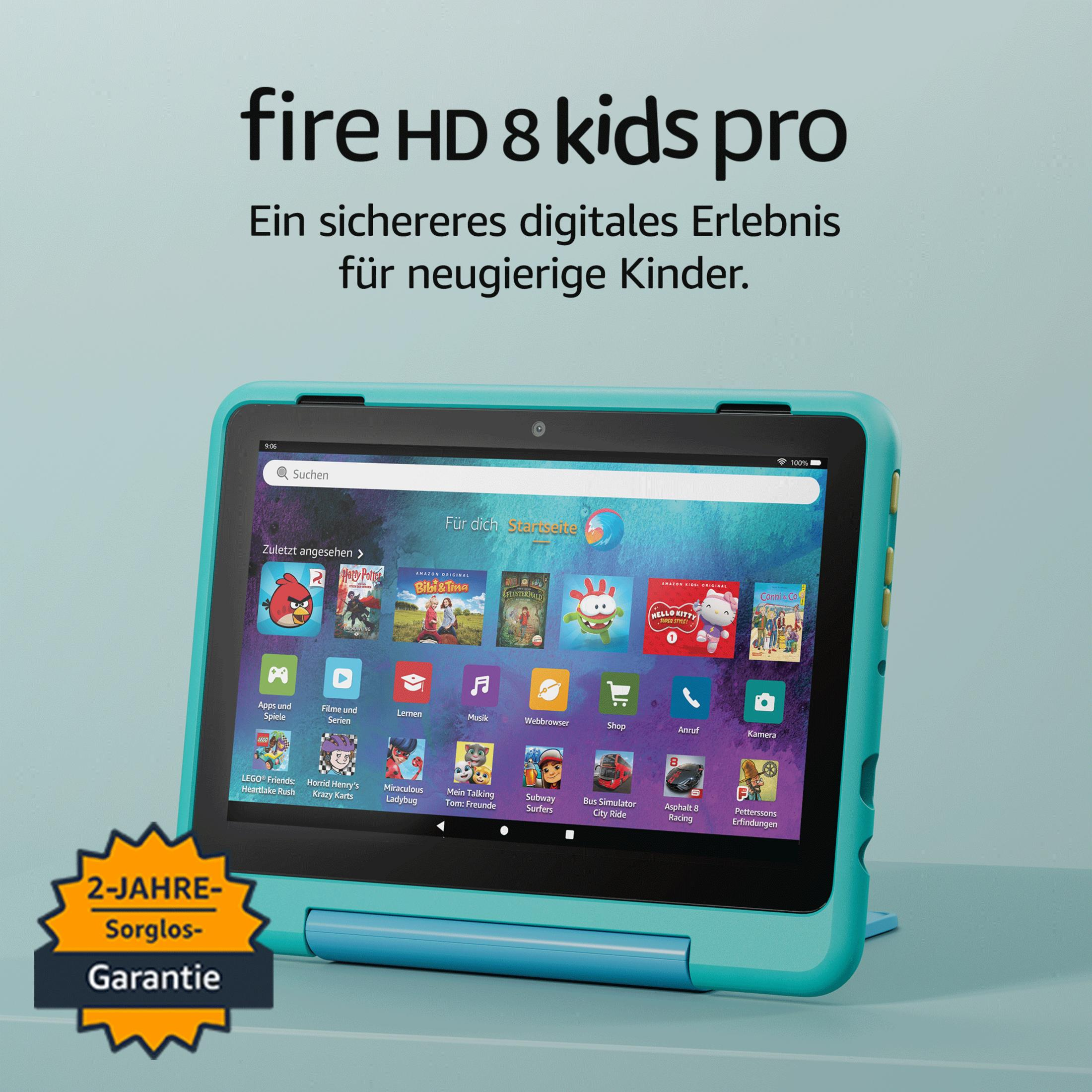 Ein türkisfarbenes Tablet mit Apps auf dem Bildschirm. Der Bildschirm zeigt App-Symbole. Oben steht 'fire HD 8 kids pro'.