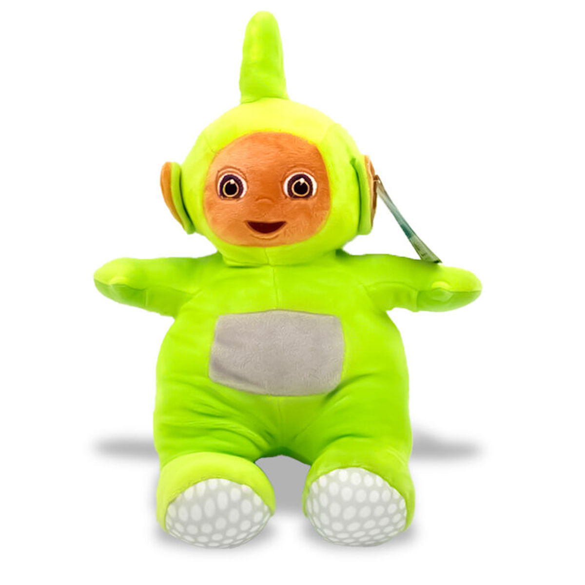 Ein grünes Teletubby-Plüschtier mit einem lächelnden Gesicht und einem grauen Bauch. Es sitzt.