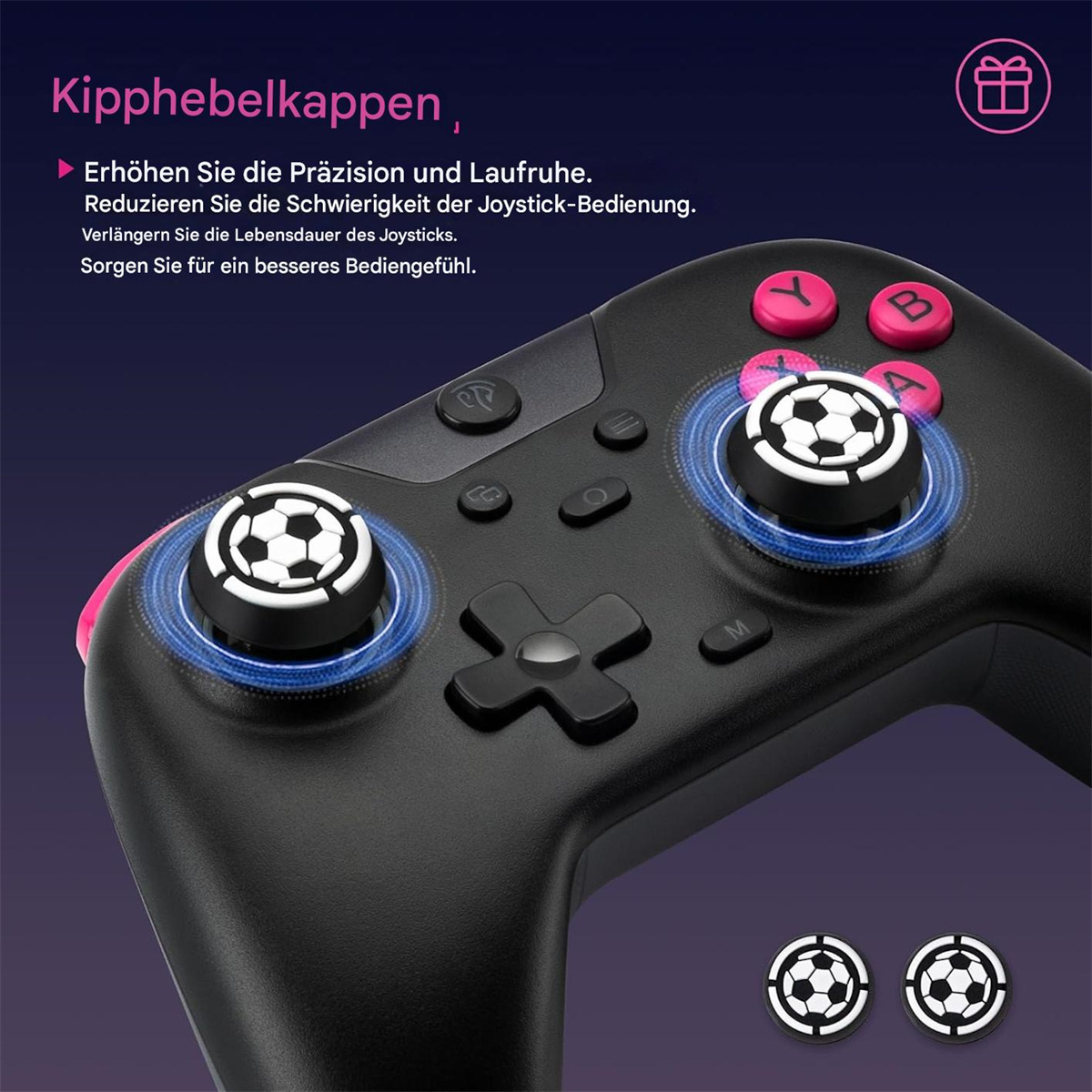Nahaufnahme eines schwarzen Gamecontrollers, der die Joysticks und rosa Knöpfe hervorhebt.