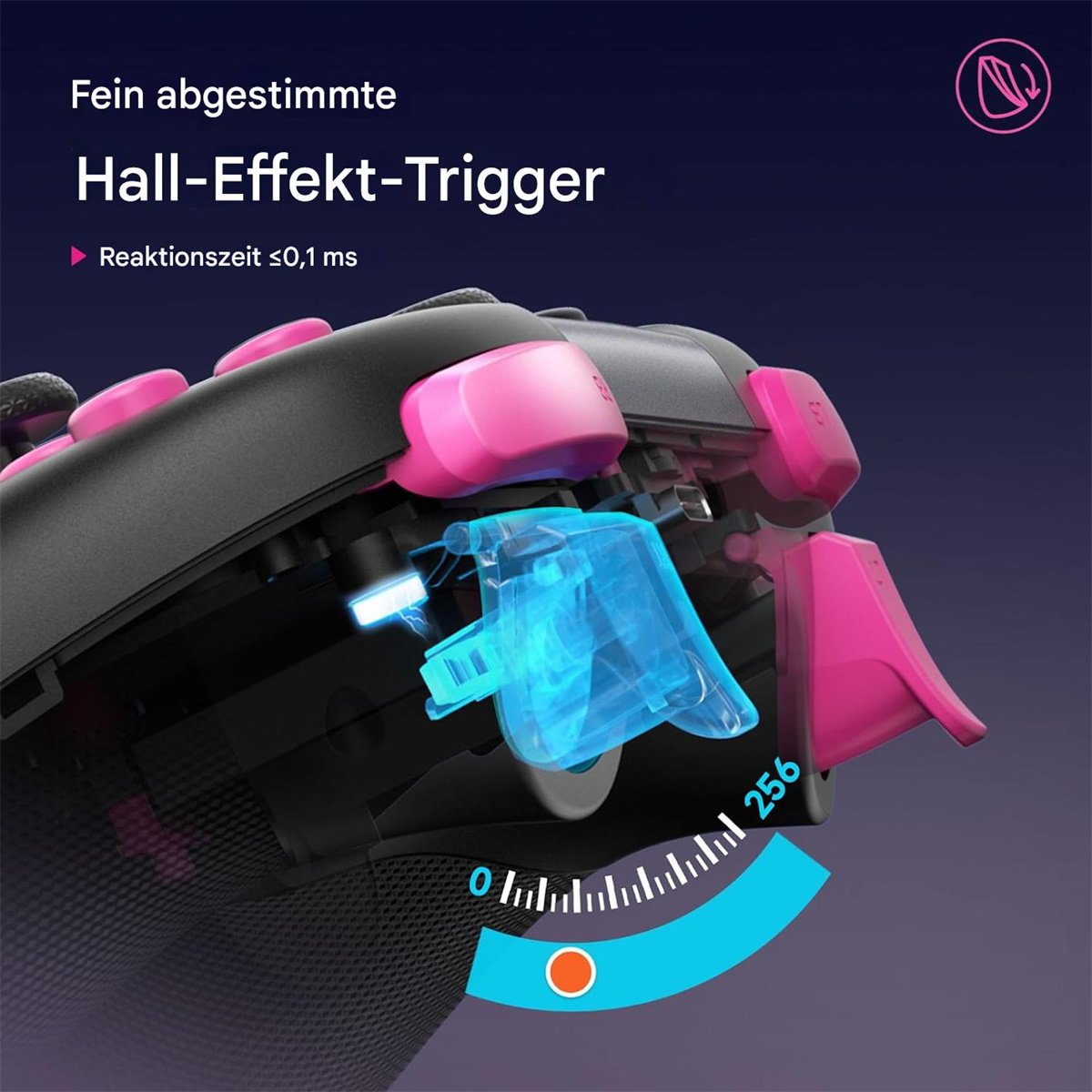Nahaufnahme eines schwarzen Gamecontroller-Triggers mit blauem Licht und einem rosa Trigger.