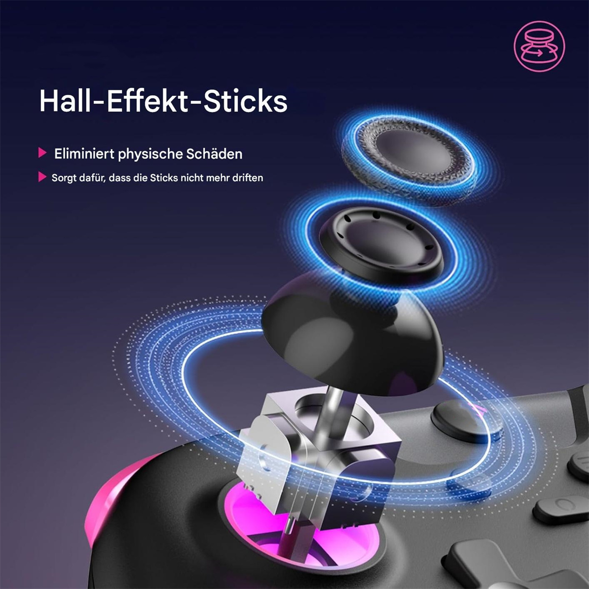 Eine detaillierte Ansicht der internen Komponenten eines Gamecontrollers, einschließlich der Thumbsticks.