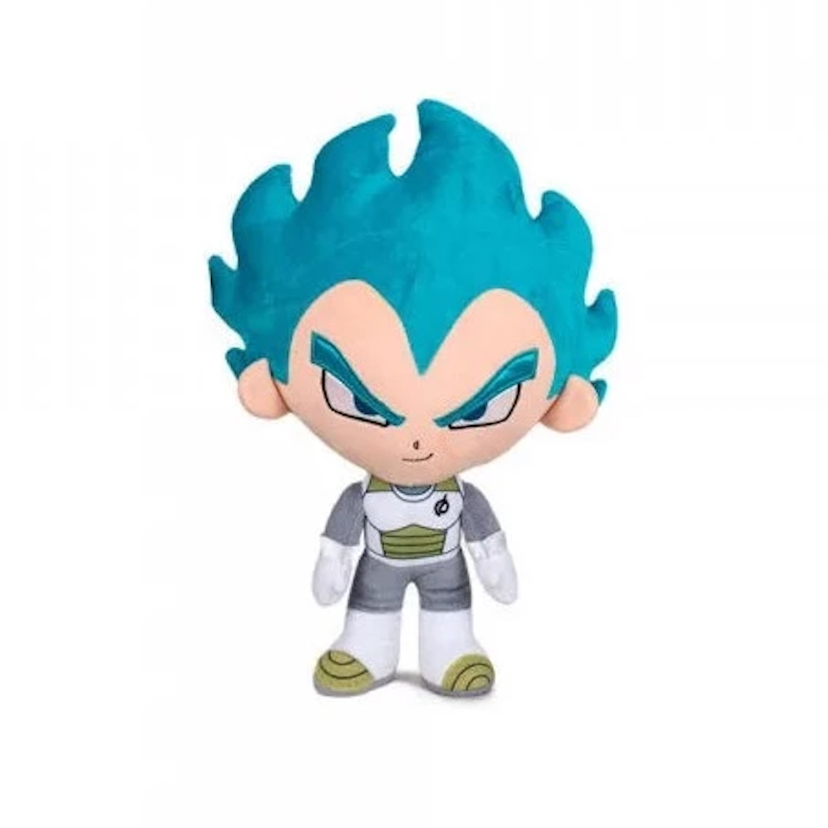 Eine Vegeta-Plüschpuppe in einem blau-weißen Outfit mit blauen Haaren. Sie sitzt.