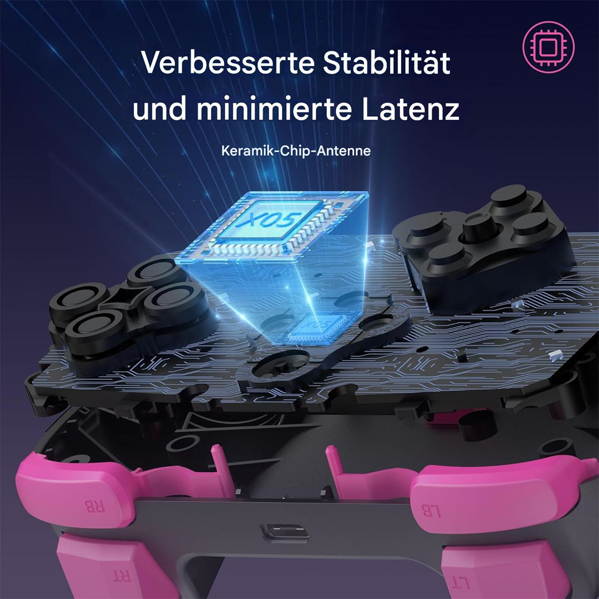 Ein Spielcontroller-Inneres mit Komponenten und einem blauen Chip.