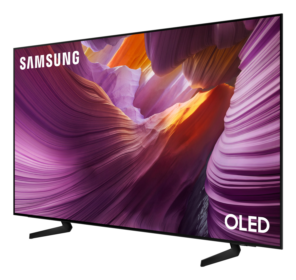 Przechylony widok telewizora OLED Samsung. Wyświetla fioletowy i pomarańczowy krajobraz.