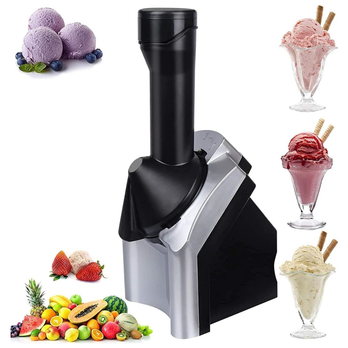 Eine Eiscreme-Maschine mit verschiedenen Früchten und Eisbechern. Enthält Erdbeeren und Blaubeeren.