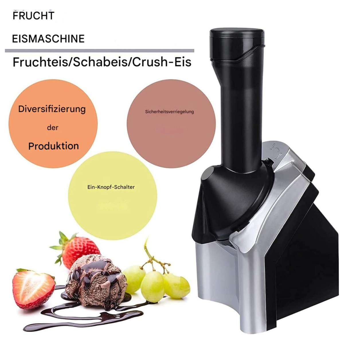 Eine Eismaschine und Diagramme. Enthält Eiscreme, Erdbeeren und Trauben. Text auf Deutsch.
