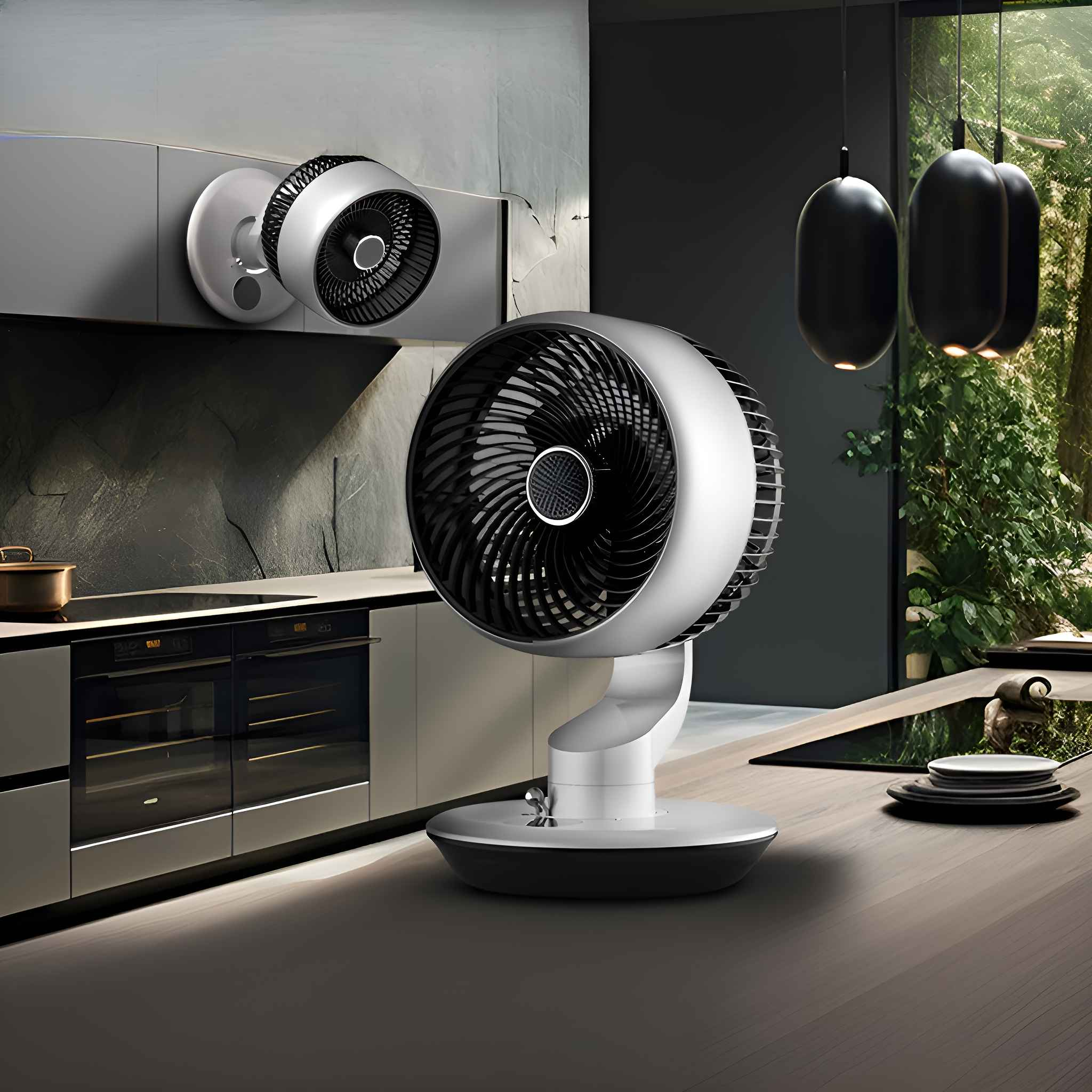 Zwei silberne Ventilatoren auf einer schwarzen Arbeitsplatte. Küche im Hintergrund.