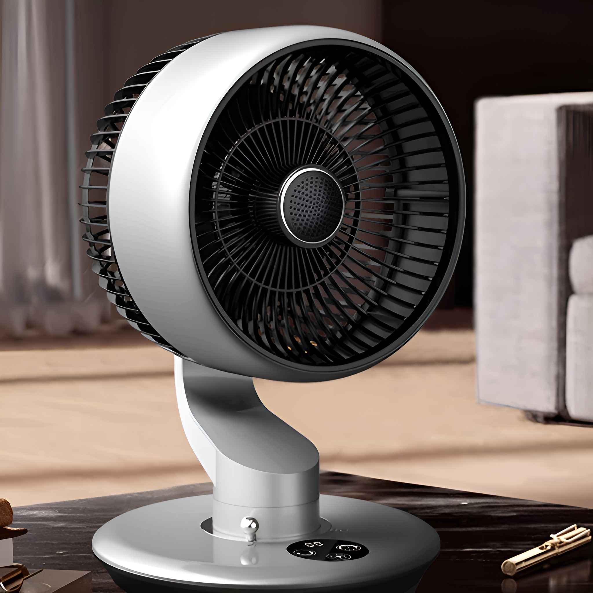 Ein weißer und schwarzer Tischventilator mit runder Basis und drehbarem Kopf steht auf einer dunklen Oberfläche.