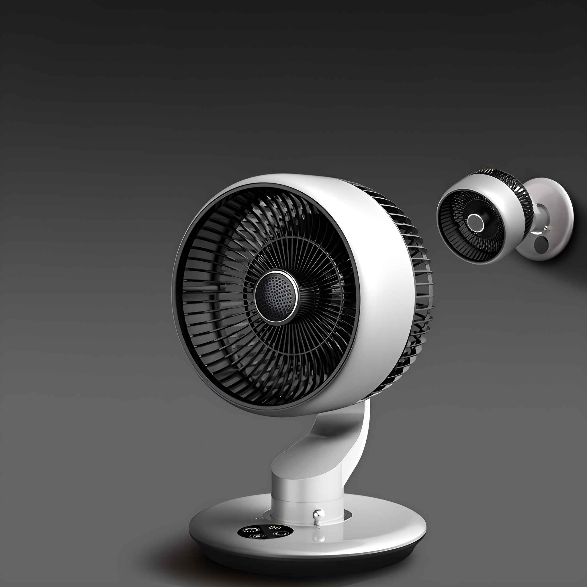 Ein weißer und schwarzer Tischventilator mit runder Basis steht auf einer Oberfläche vor einem grauen Hintergrund.