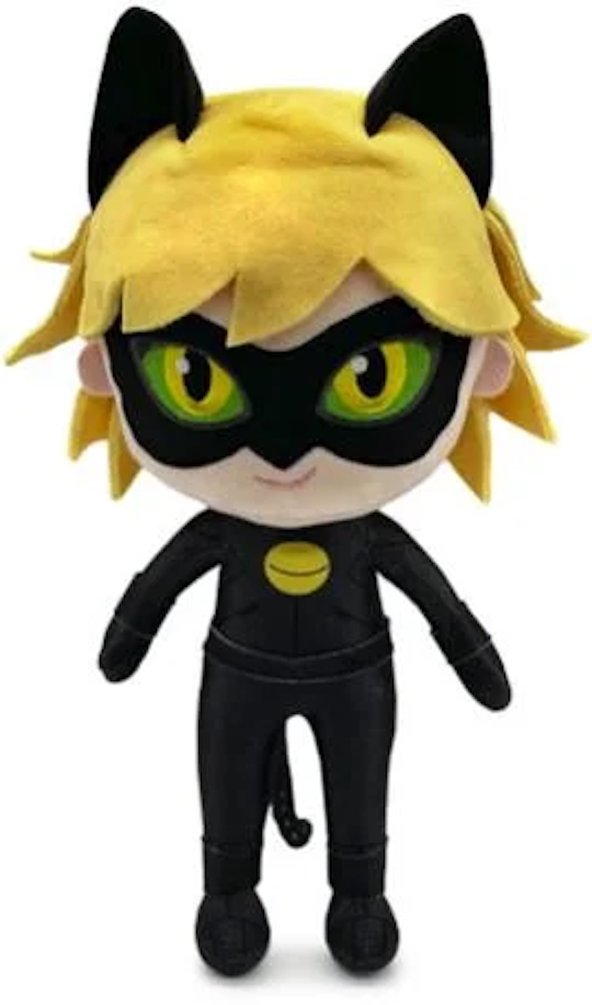 Ein Plüschtier von Chat Noir aus Miraculous Ladybug mit schwarzem Anzug, blonden Haaren und grünen Augen.