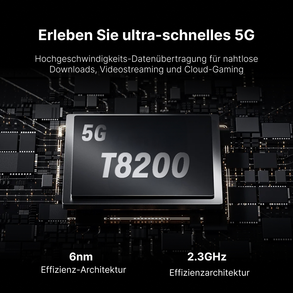 Nahaufnahme eines schwarzen elektronischen Chips mit Text zu 5G und T8200.